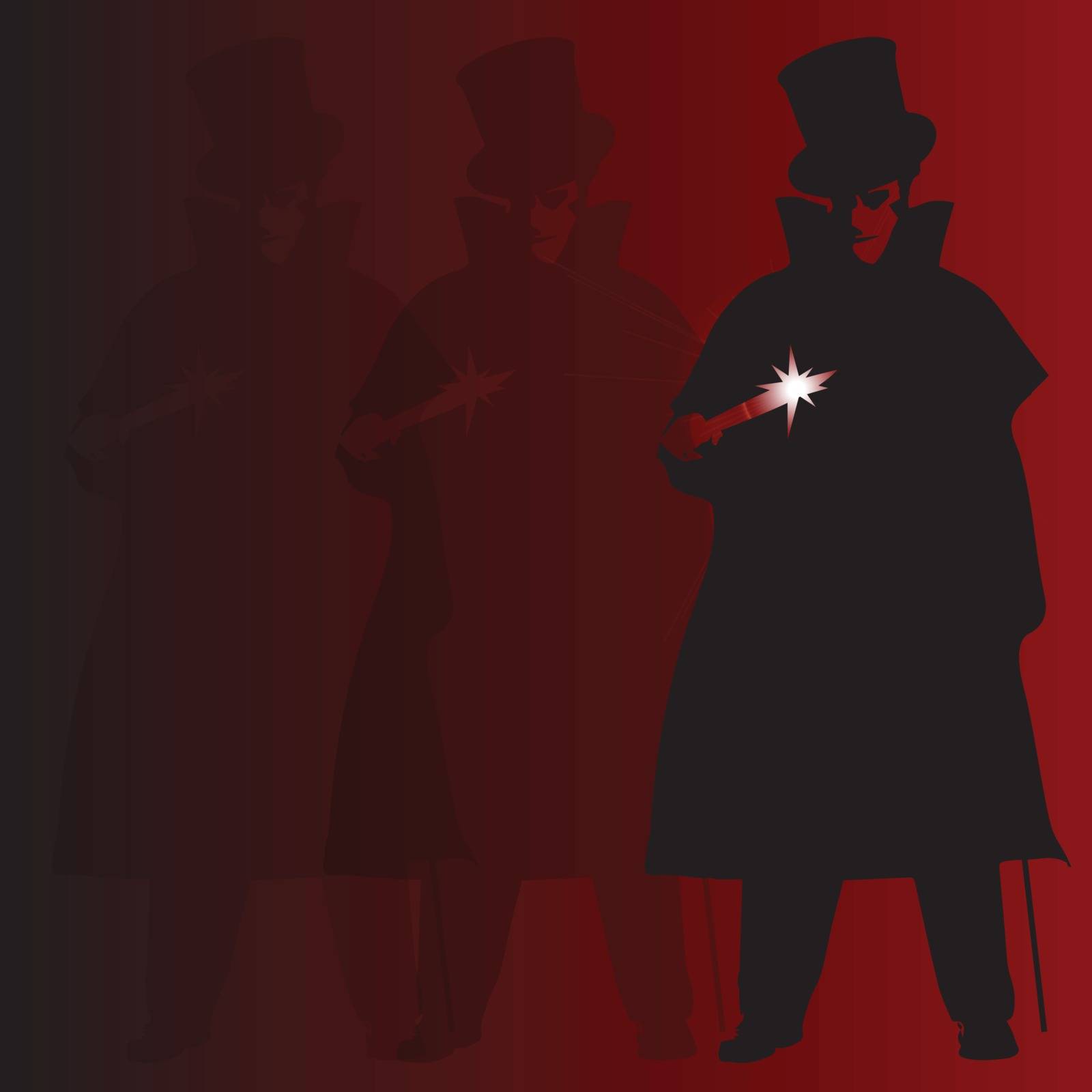 A Jack the Ripper background with shadows and silhouette over a red background