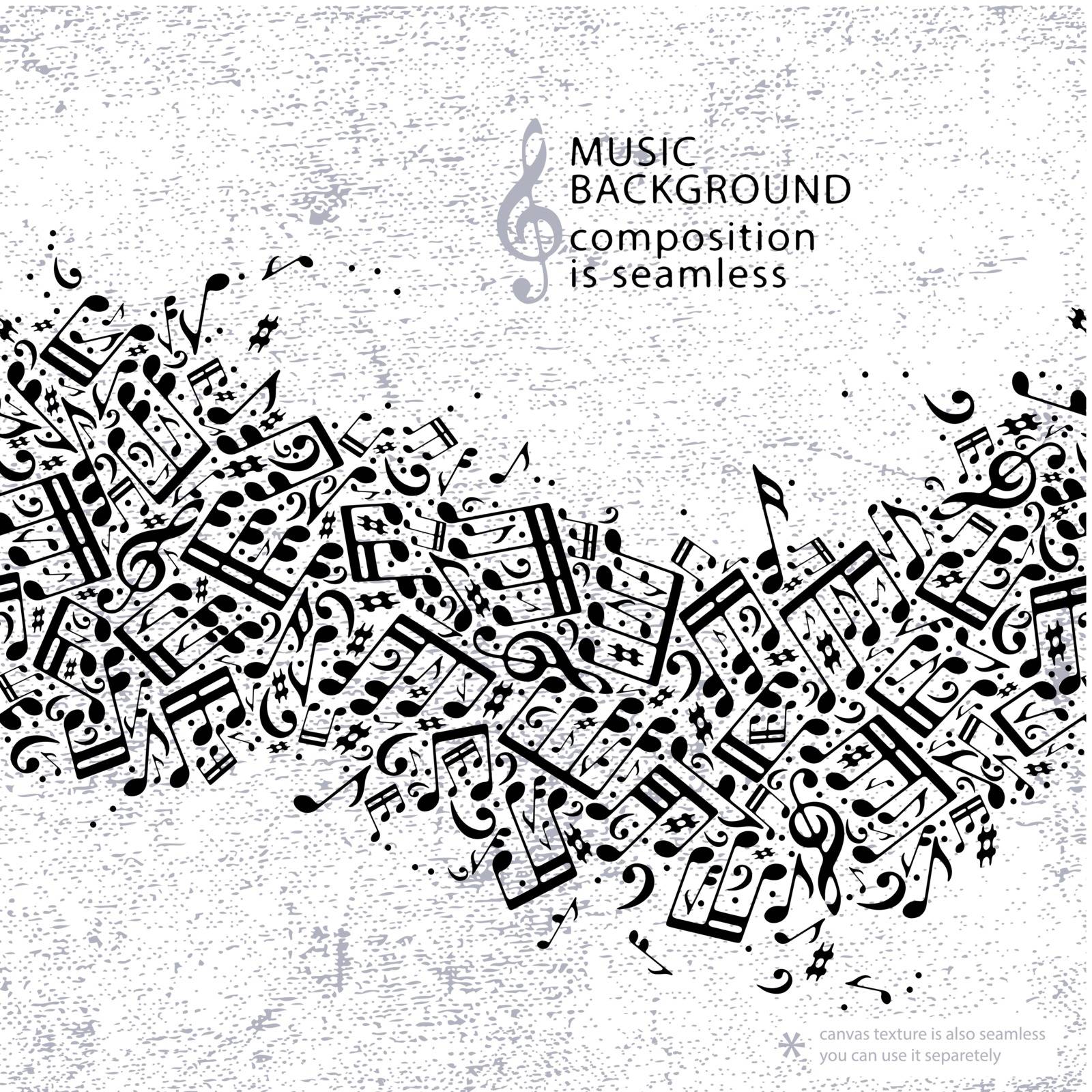Vector light dotted seamless music background, canvas texture with horizontal band of musical notes and treble clefs. 