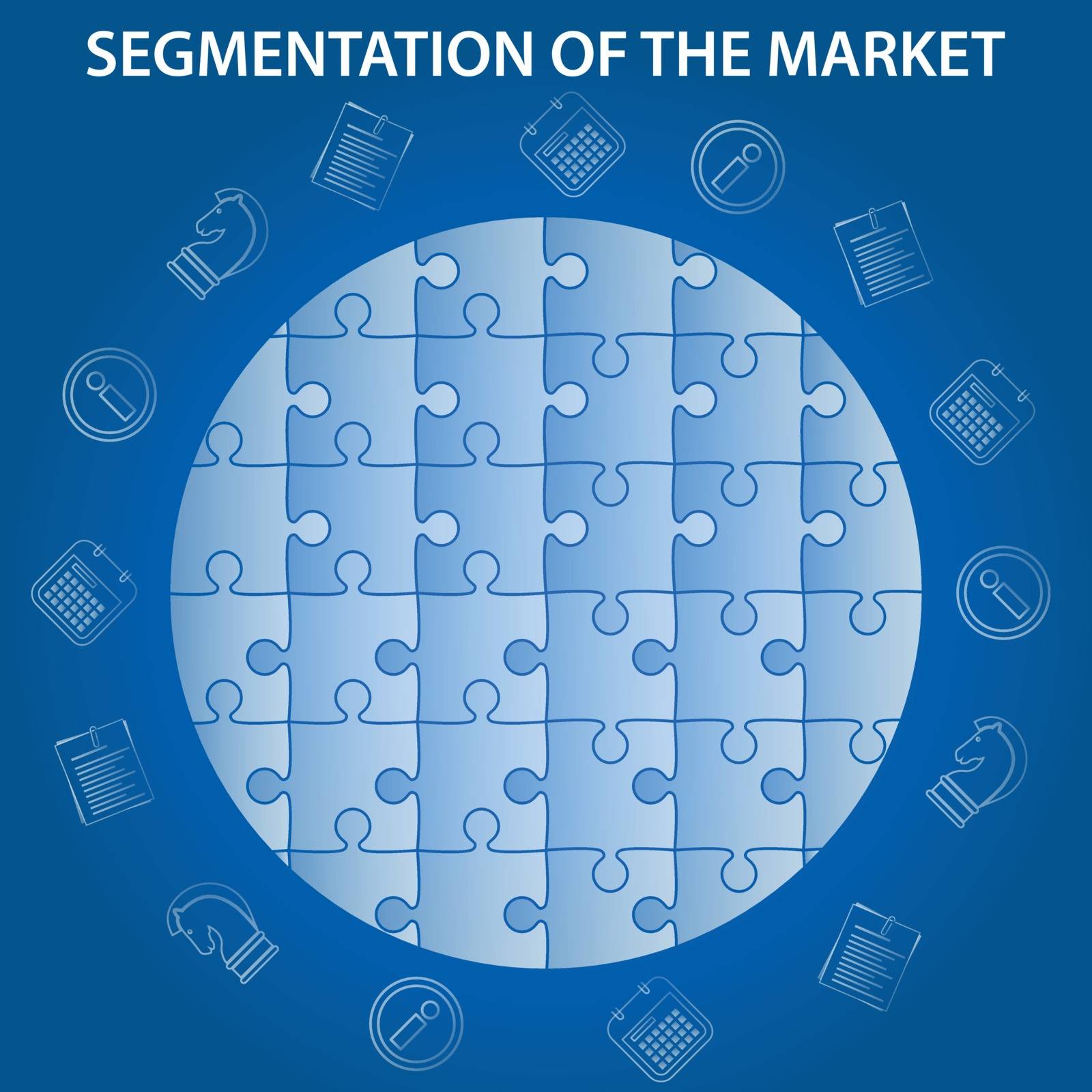 segmentation of market infographic on blue background - puzzle world globe with economic icons - strategy, info, document and planning diary