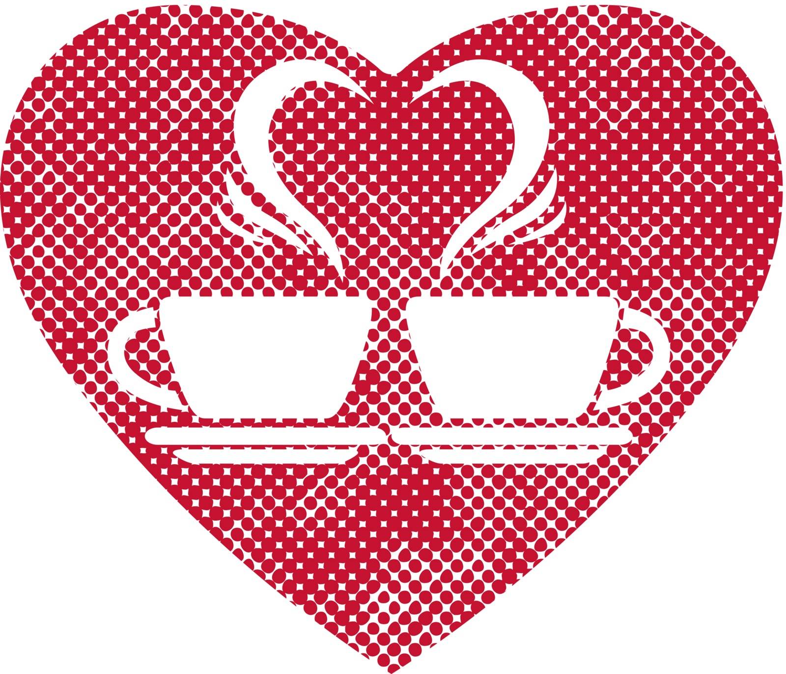 Romantic dating icon with two coffee cups and steam creates a heart, vector, with pixel print halftone dots texture.