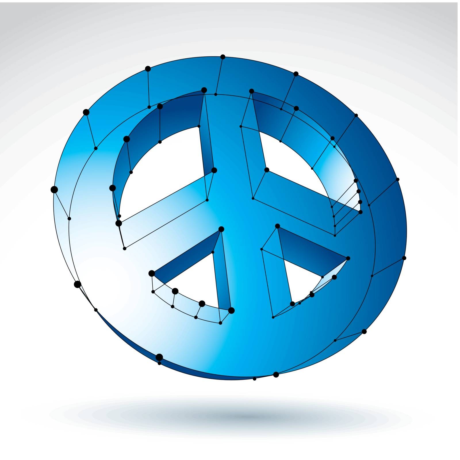 3d mesh blue peace icon isolated on white background, colorful lattice peace symbol from 60s, dimensional tech circle hippy object with black connected lines, bright clear eps 8 vector illustration.