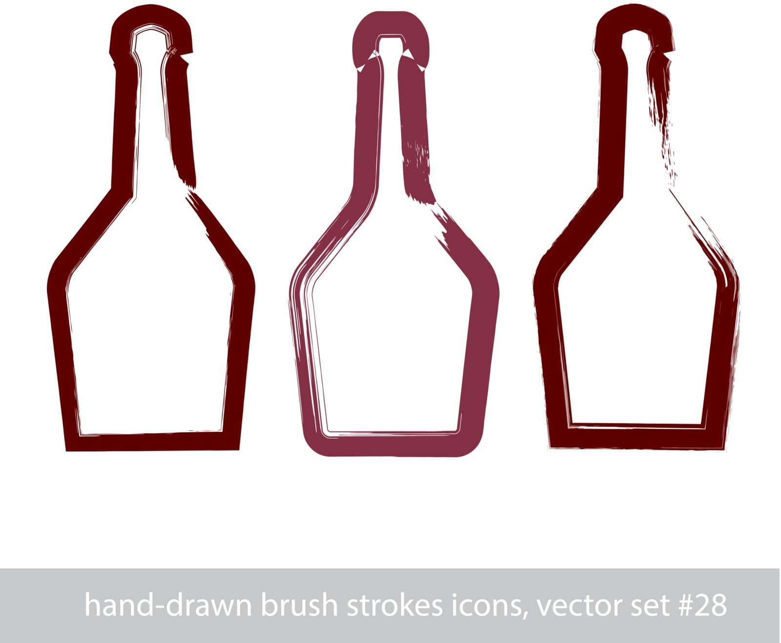Set of hand-drawn stroke simple empty bottle of rum, symmetric brush drawing bottle icons, hand-painted silhouette of pirate bottles isolated on white background. 
