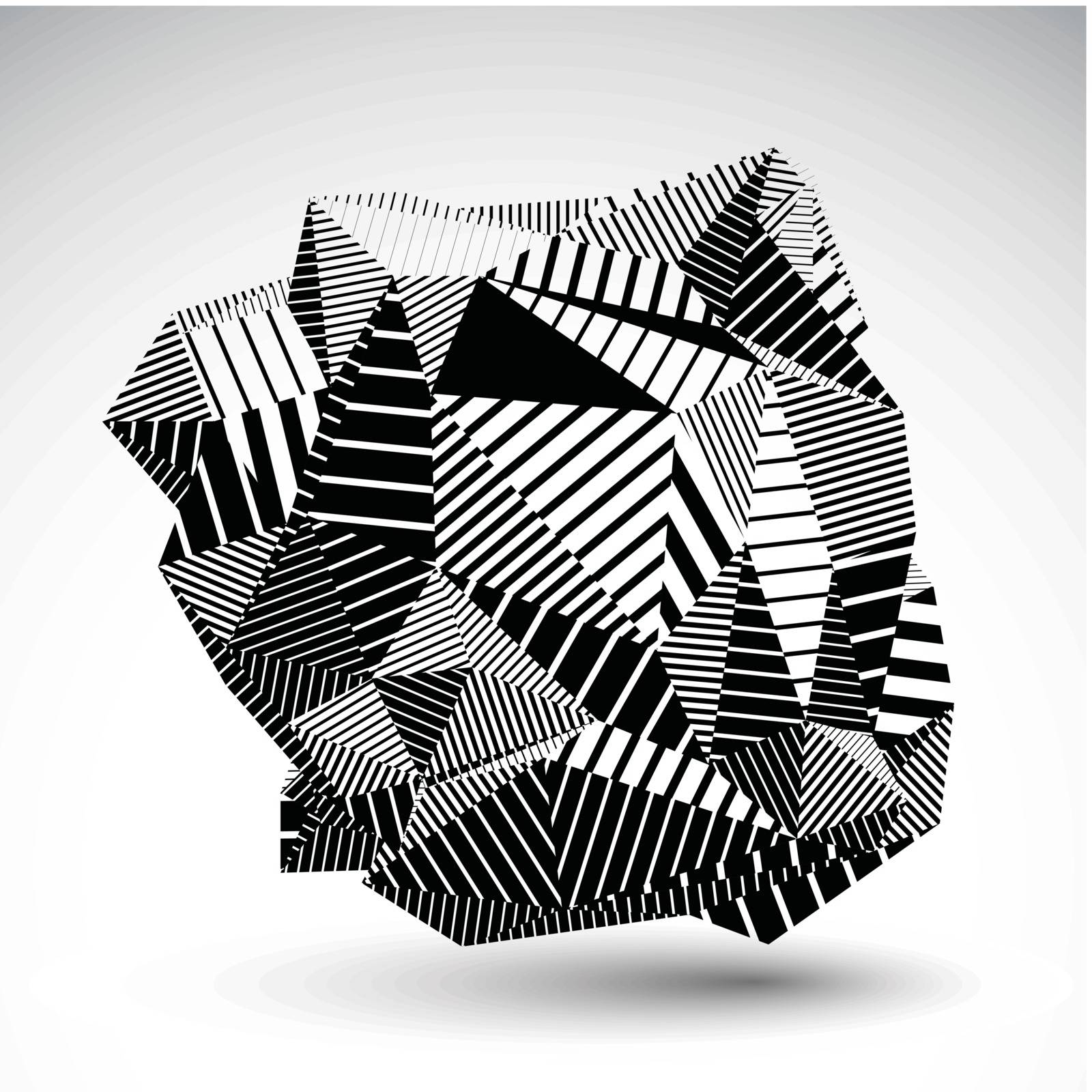Decorative complicated unusual eps8 figure constructed from triangles with parallel black lines. Striped multifaceted asymmetric contrast element, monochrome illustration for technology projects.