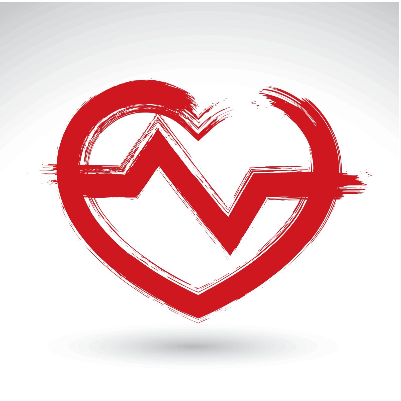 Hand drawn red heart icon, brush drawing heart sign with electrocardiogram, original hand-painted heart symbol with ekg isolated on white background.