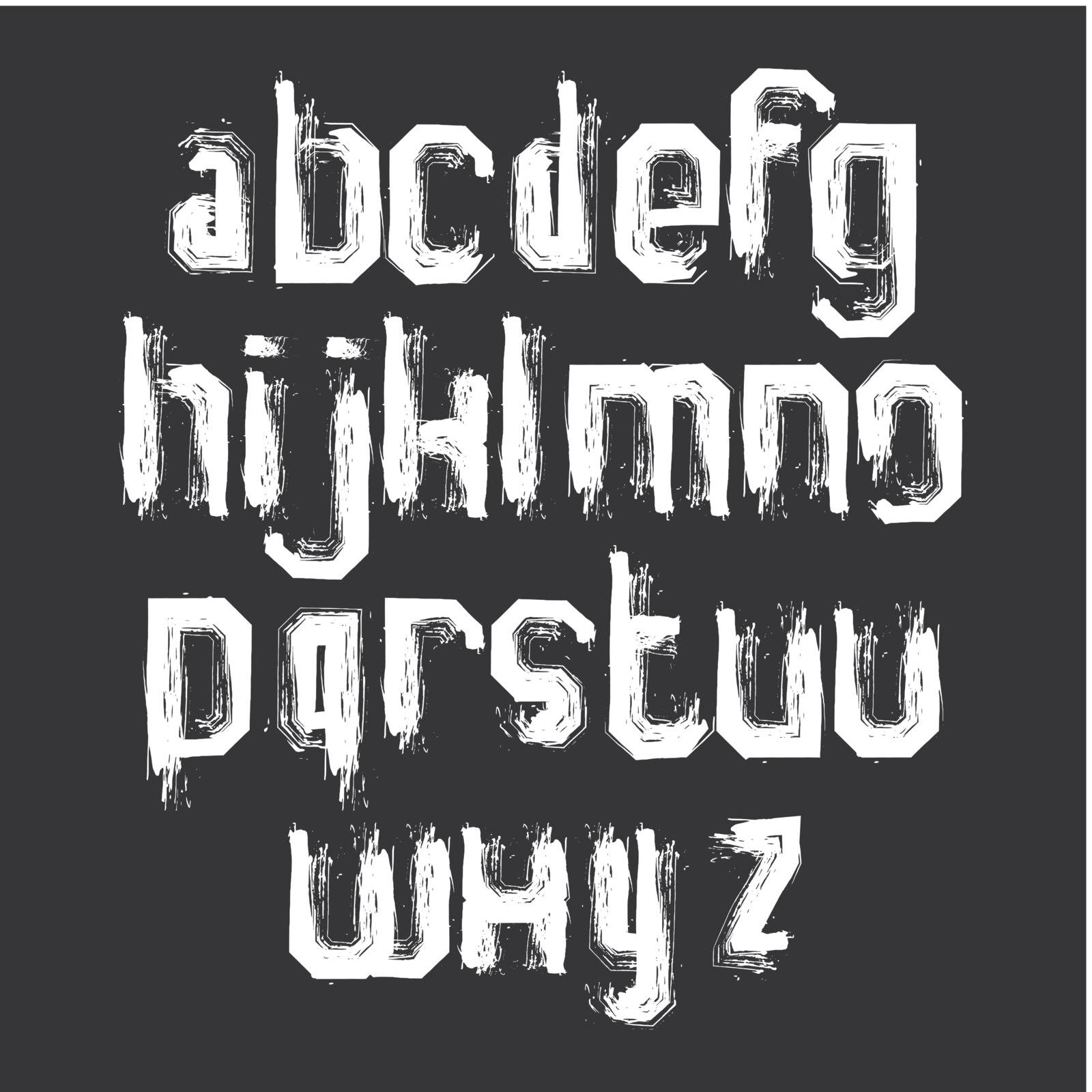 Lowercase white grunge brush letters, hand-painted vector alphabet.