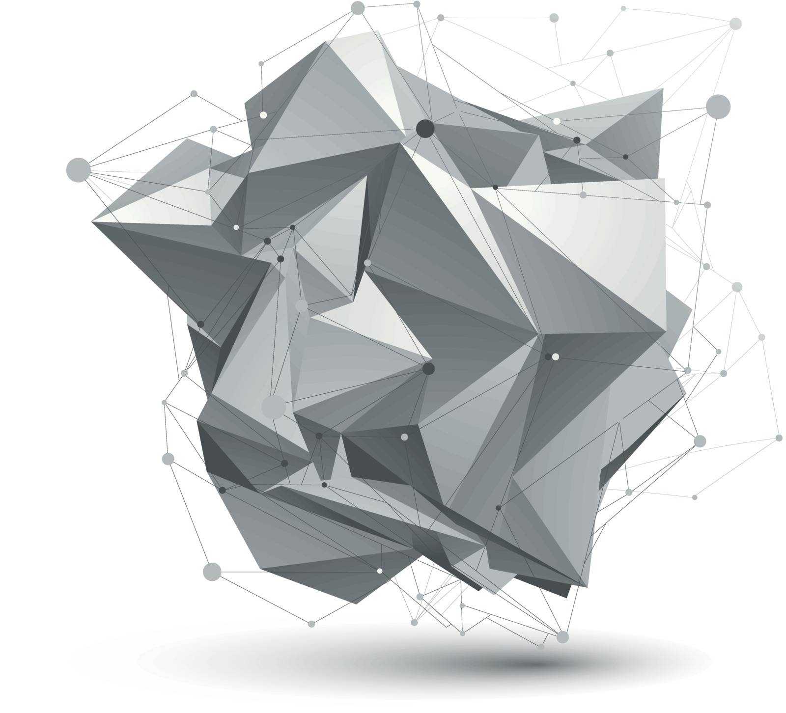 Abstract 3D structure polygonal vector network object, grayscale art deformed figure.