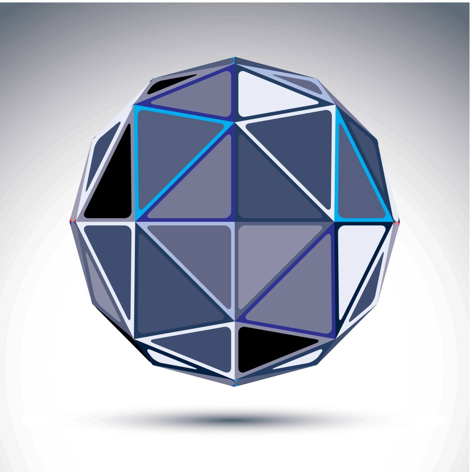 Complicated gray urban spherical object, 3d fractal mirror ball constructed from rectangular triangles with outline, geometric illustration with a kaleidoscope visual effect. 