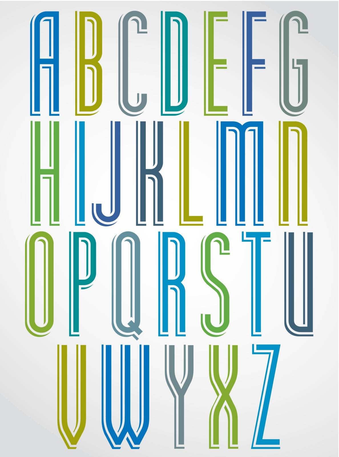 Colorful animated narrow font, comic upper case letters with white outline. 