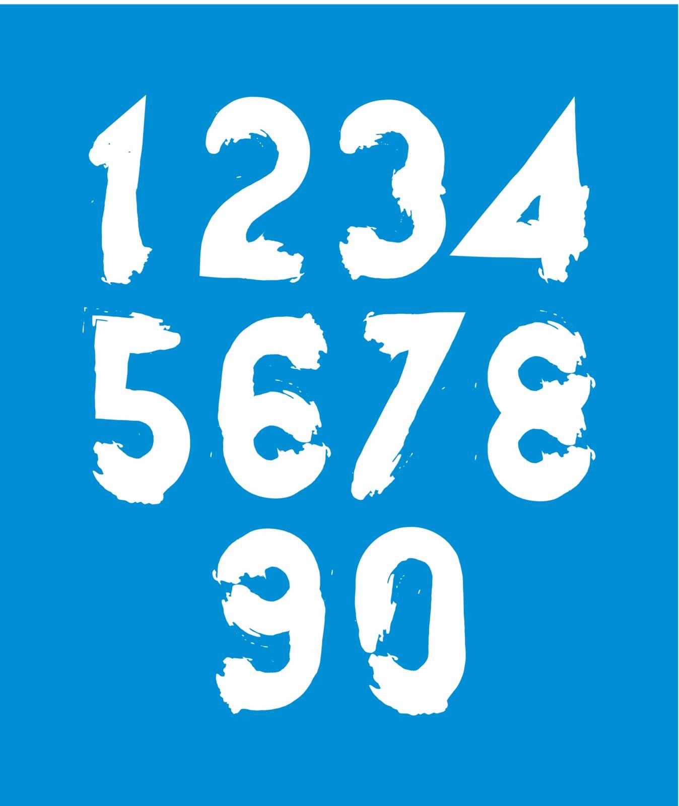 Vector stylish brush digits, handwritten numerals, white numbers set on blue backdrop.