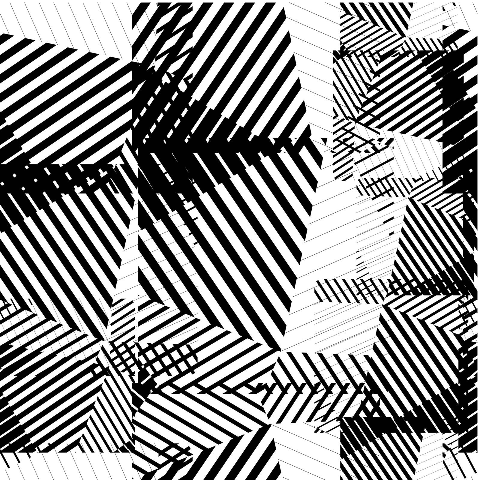 Black and white seamless pattern with parallel lines and geometric elements, infinite mosaic textile, abstract vector textured floor covering.