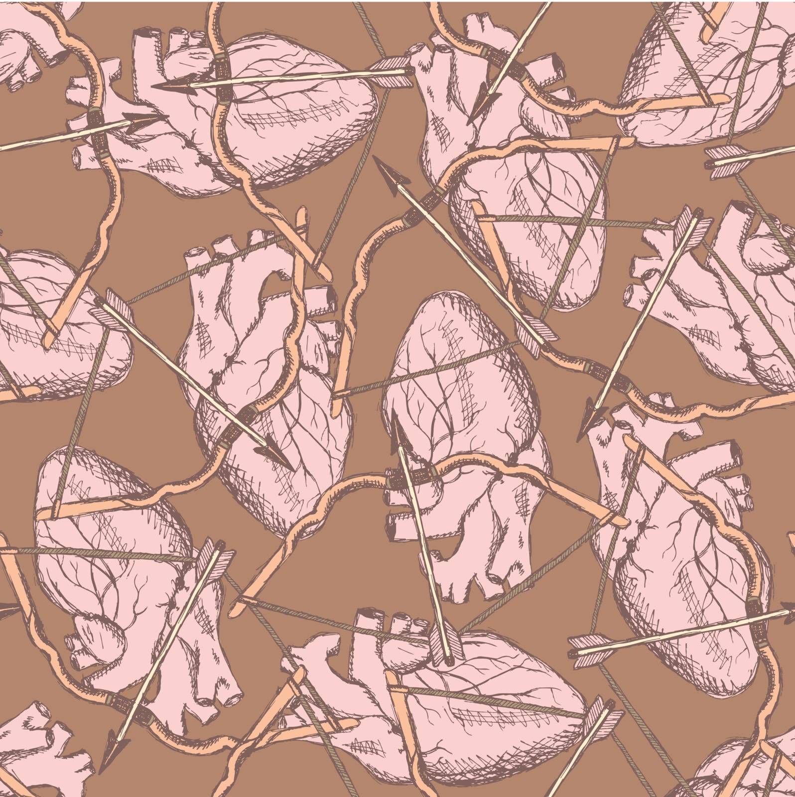 Sketch heart and bow, Valentine unexpected seamless pattern