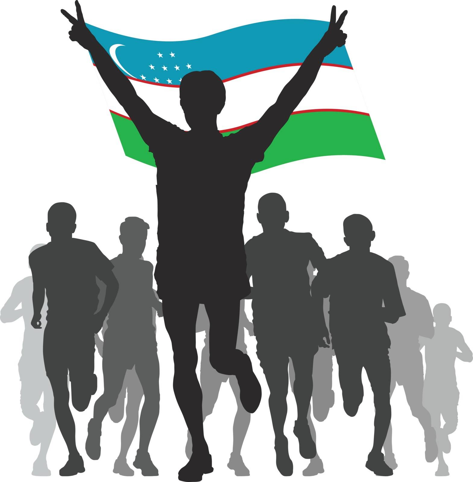 silhouettes of athletes, runners at the finish, winner holding Uzbekistan  flag overhead