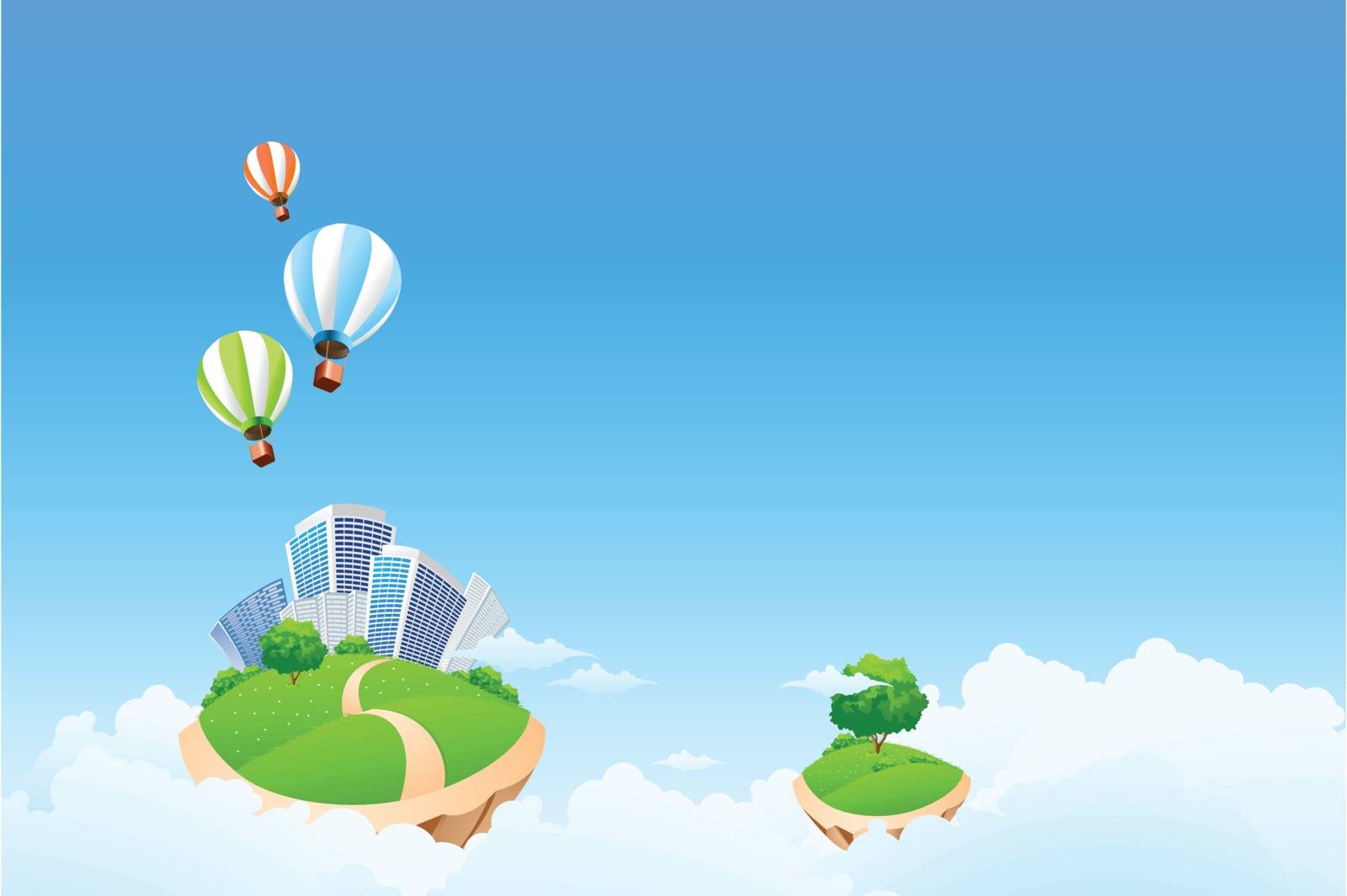 Fantasy background with clouds tree balloons and City for your design