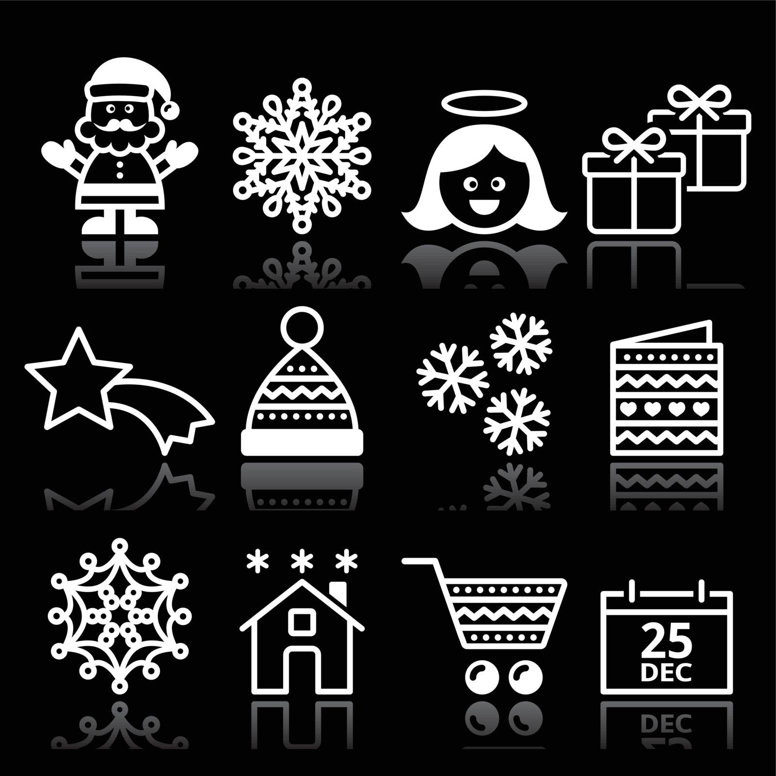 Vector winter black icons set with stroke isolated on black