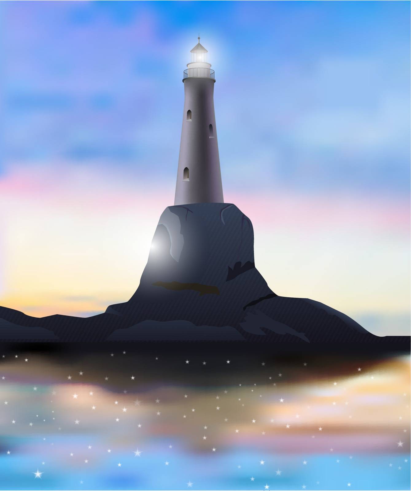 Vector Lighthouse on Rocky Island in The Dusk, Eps 10 Vector, Gradient Mesh and Transparency Used