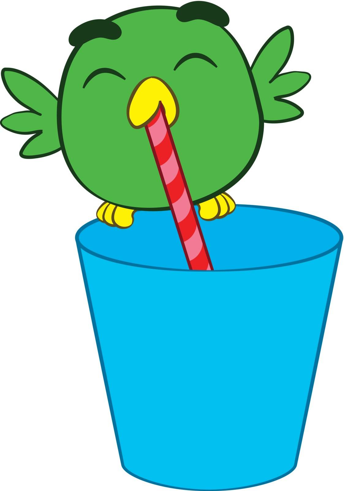 Adorable little green cartoon bird drinking through a straw from a colourful blue plastic glass or mug while balanced on the rim, vector illustration on white
