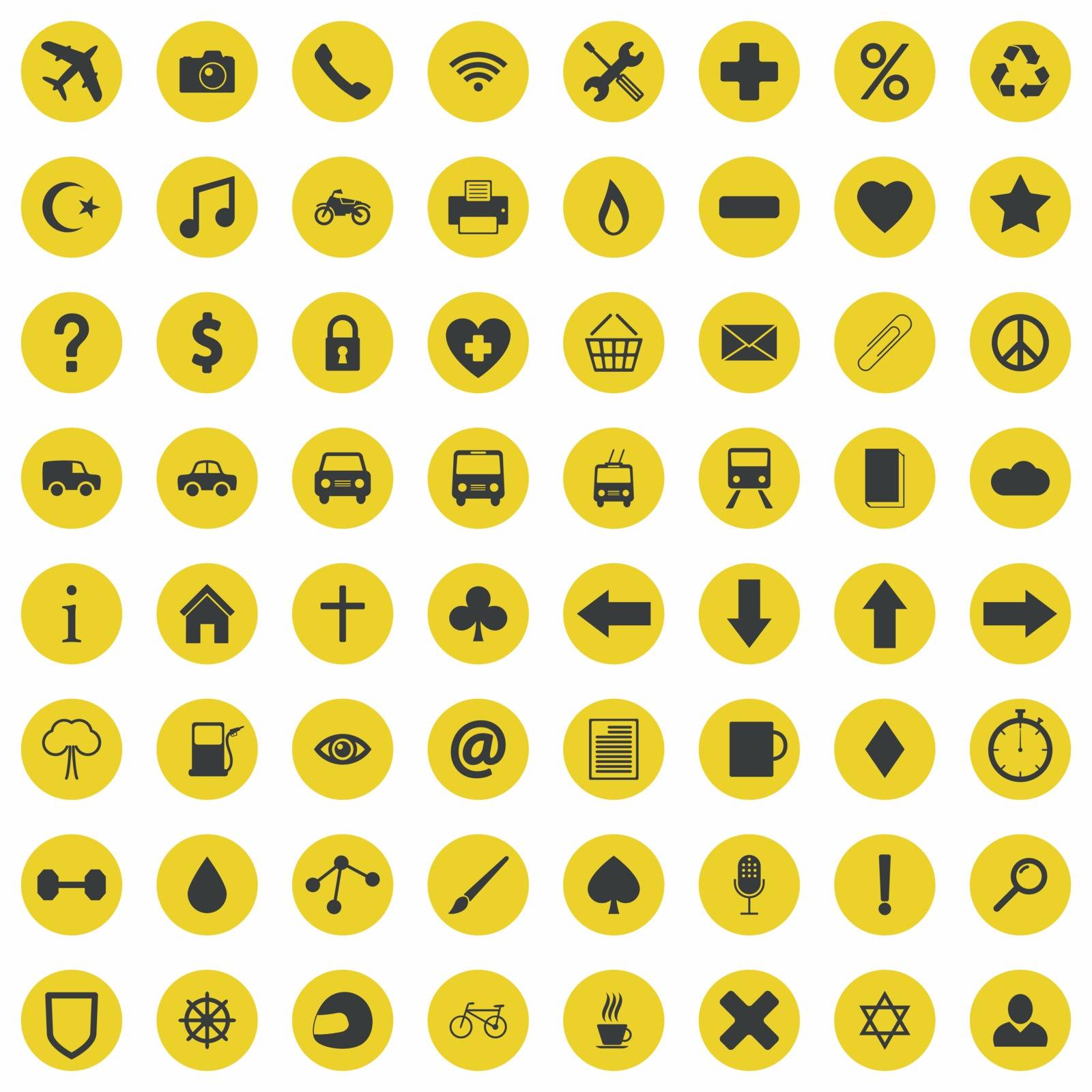 Set of clean yellow flat web icons and glyphs in circles
