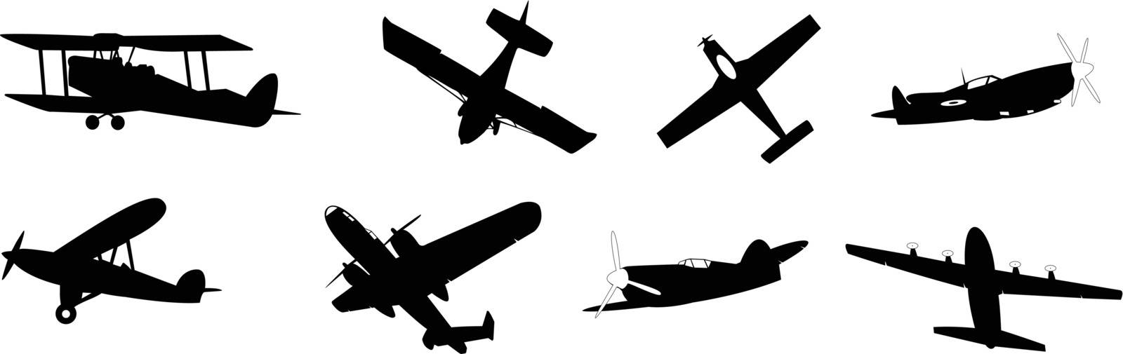 set of propeller aircraft silhouettes isolated on white