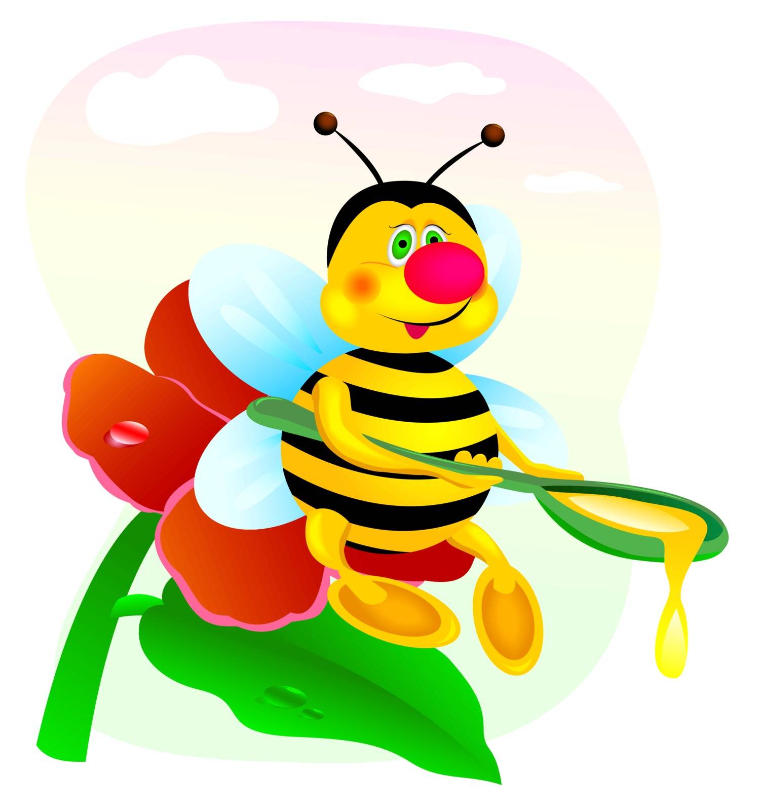 Bee sitting on a red flower with a spoonful of honey in his hands.