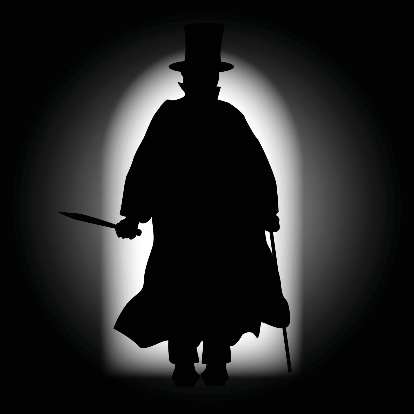 Jack the Ripper walking through a dark alleyway with the light behind