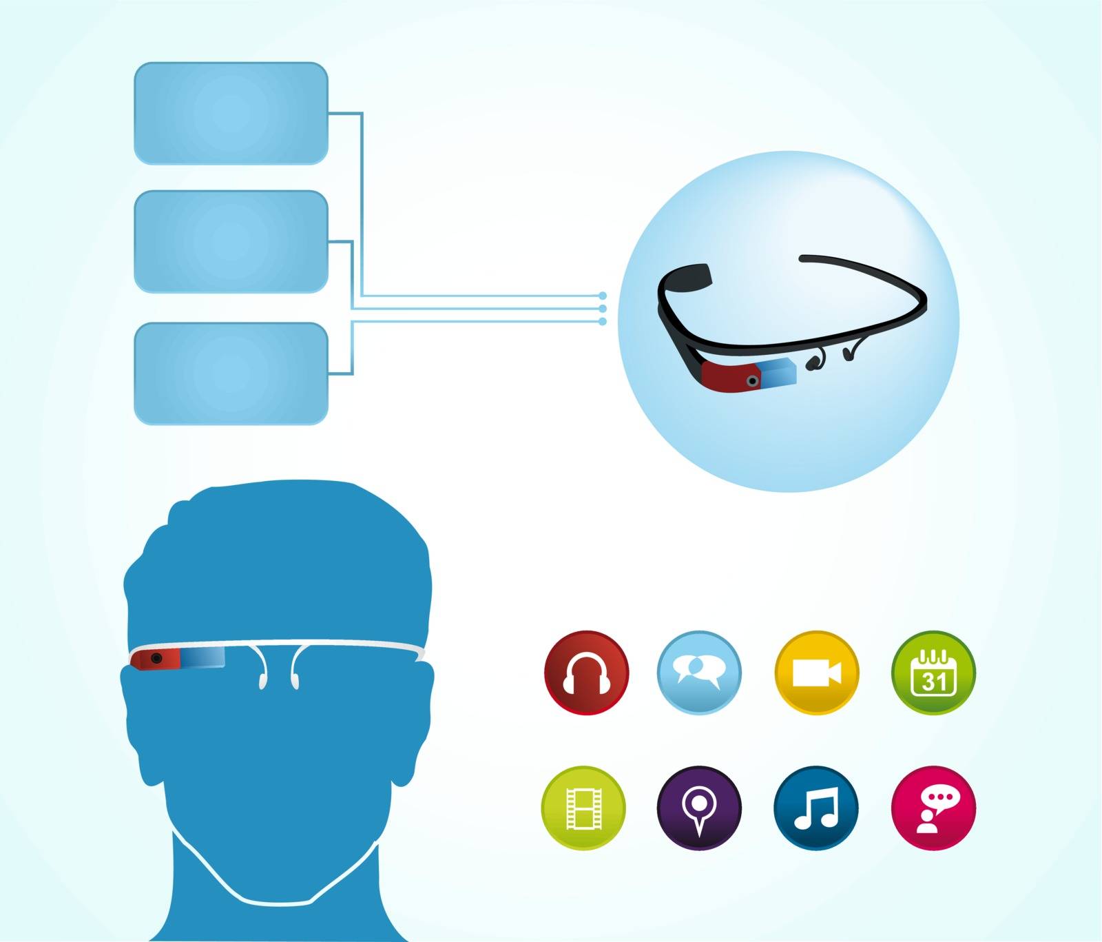Smart glasses infographic with apps icons set concept illustration. EPS10 vector file organized in layers for easy editing.