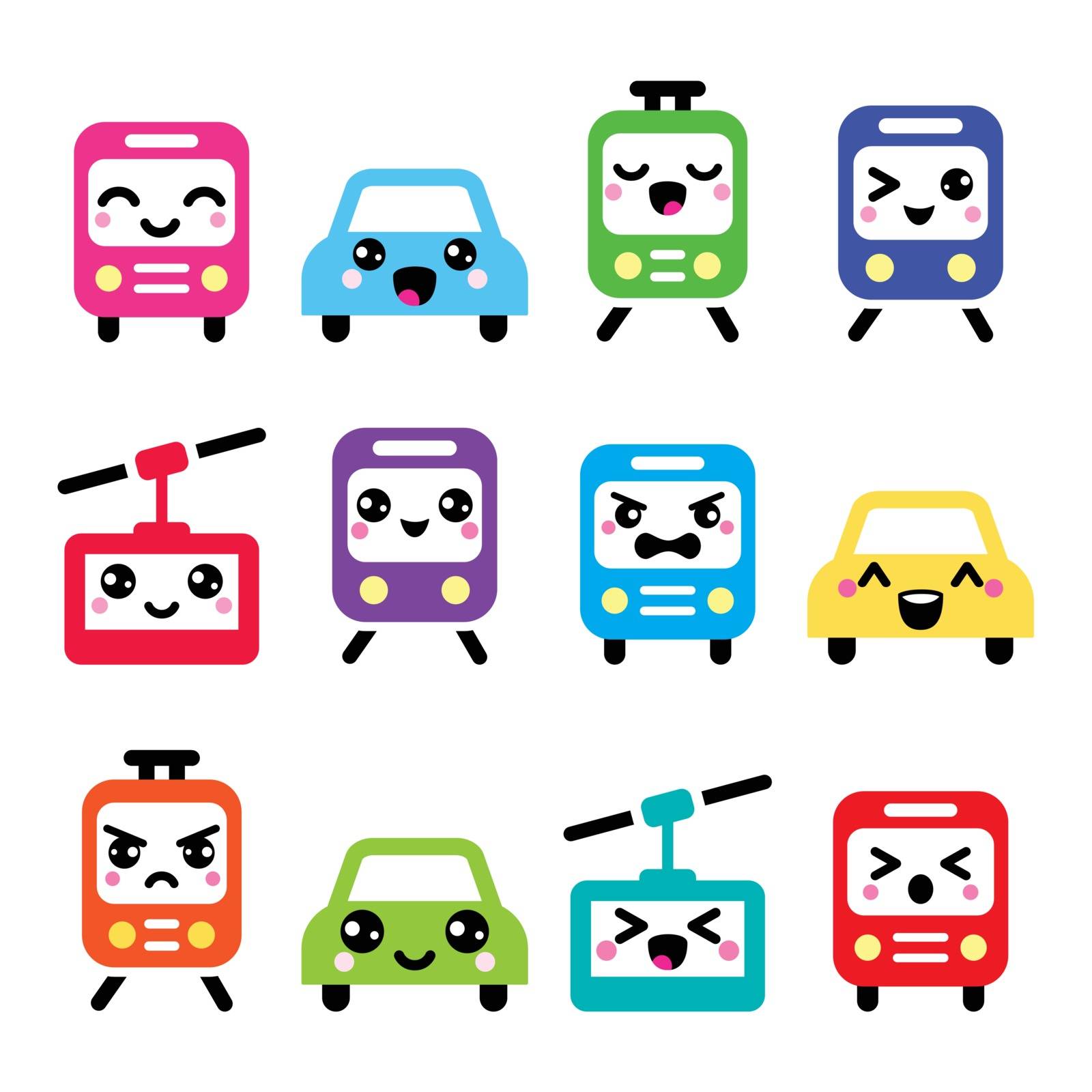 Kawaii cute icons - car, bus, train, tram and gondola by RedKoala
