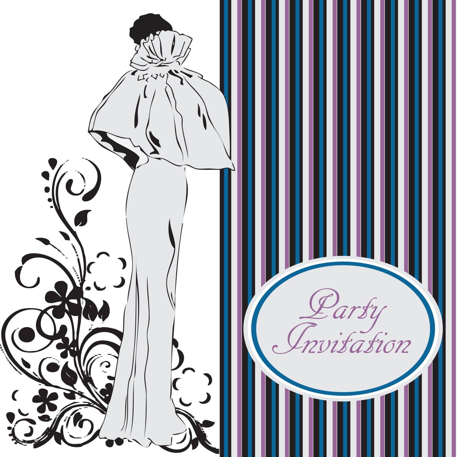 Card Invitation to a party with a woman in an evening dress. Vector illustration.