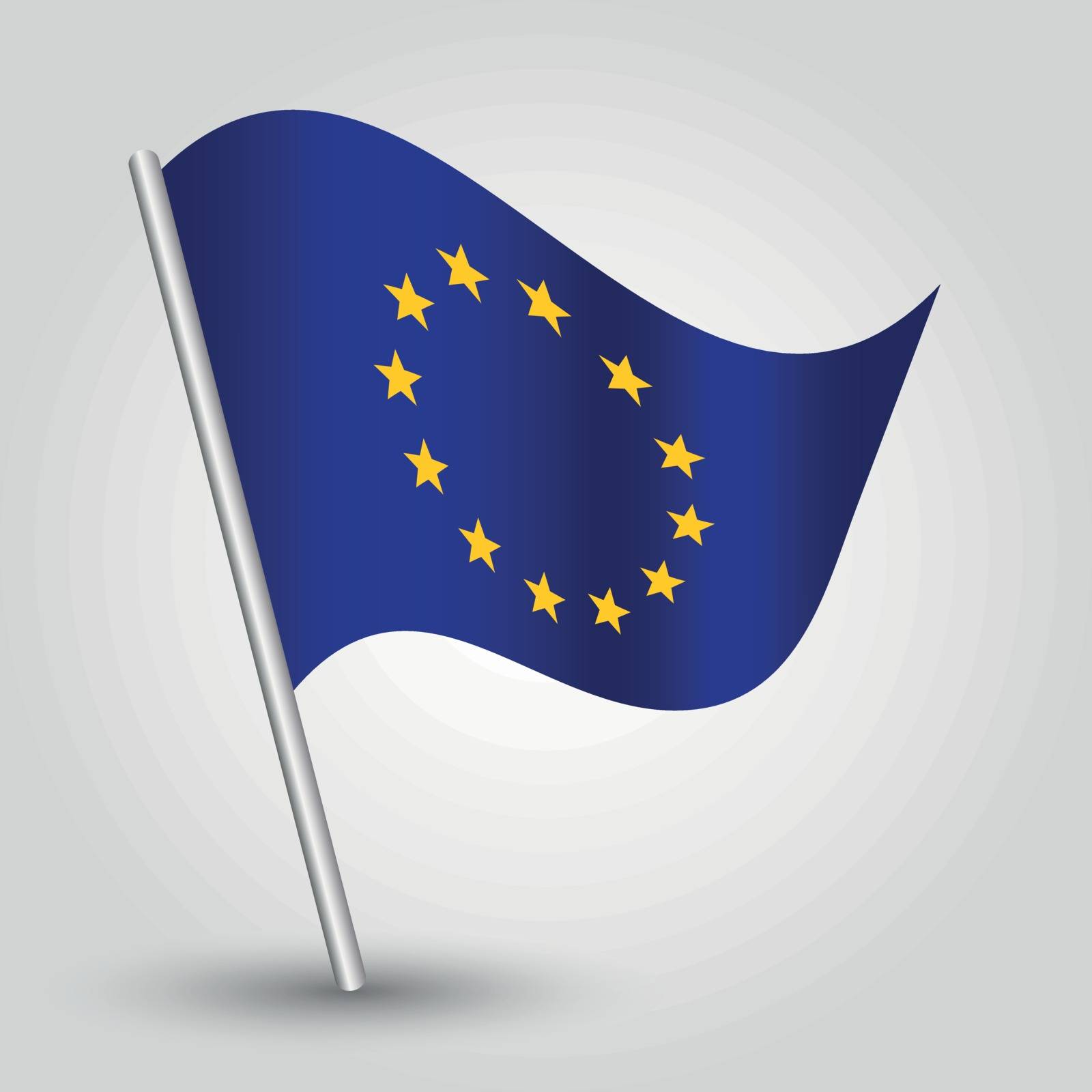 vector 3d waving eu flag on pole - national symbol of european union with inclined metal stick