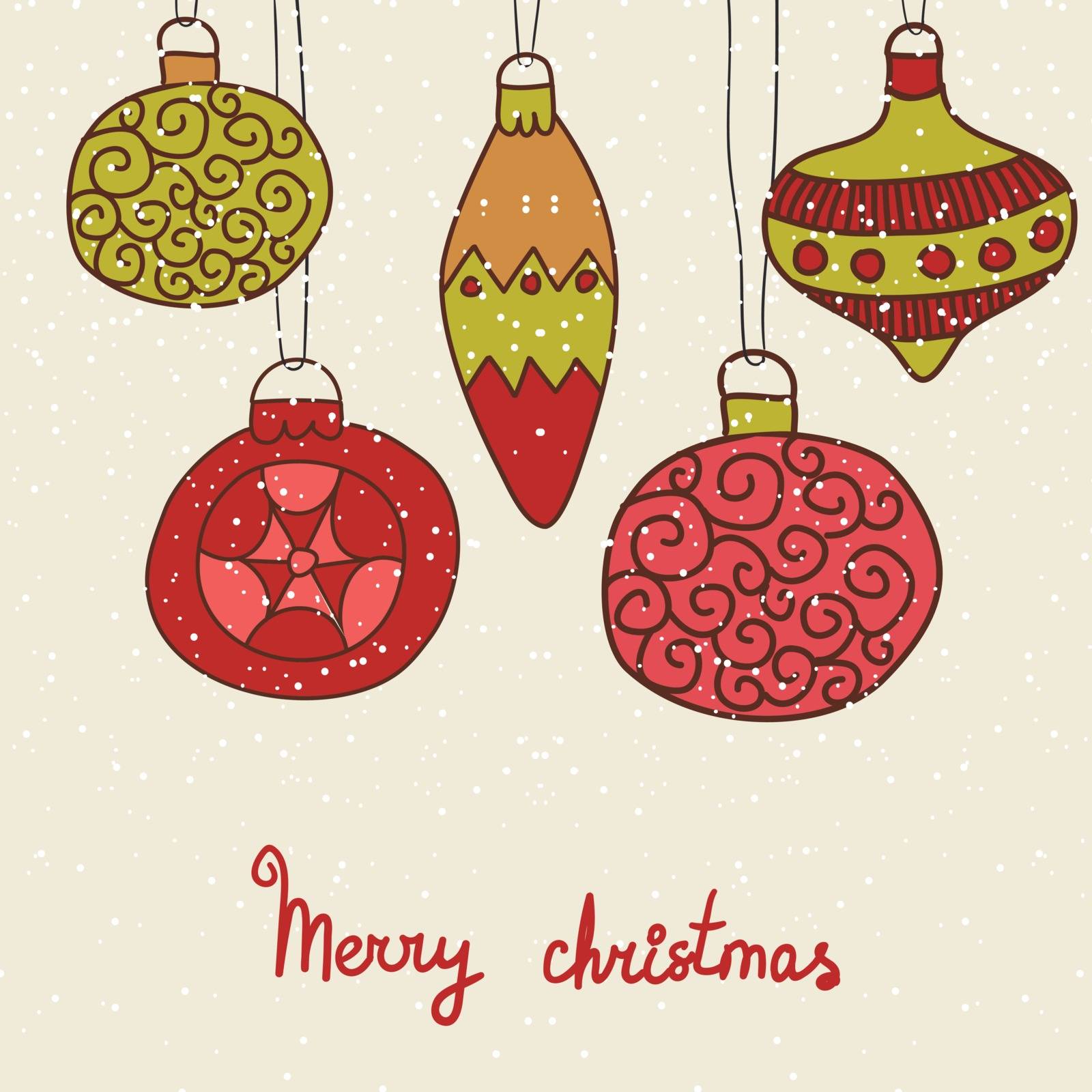 Christmas hand drawn decorative postcard with xmas toys and balls hanging on ornate laces with beads. Vector illustration