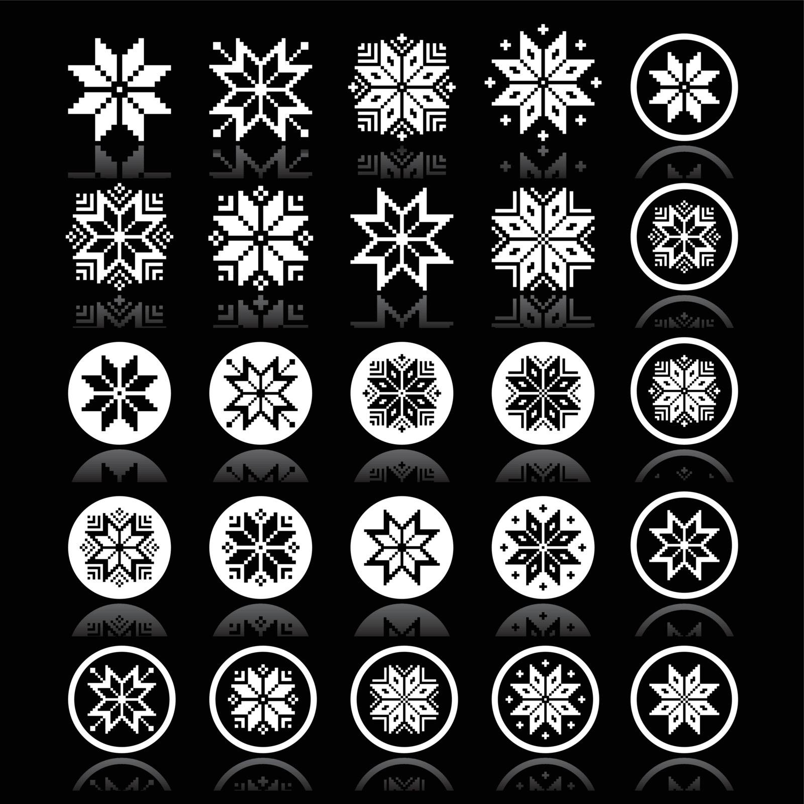 Pixelated snowflakes, Christmas white icons on black by RedKoala