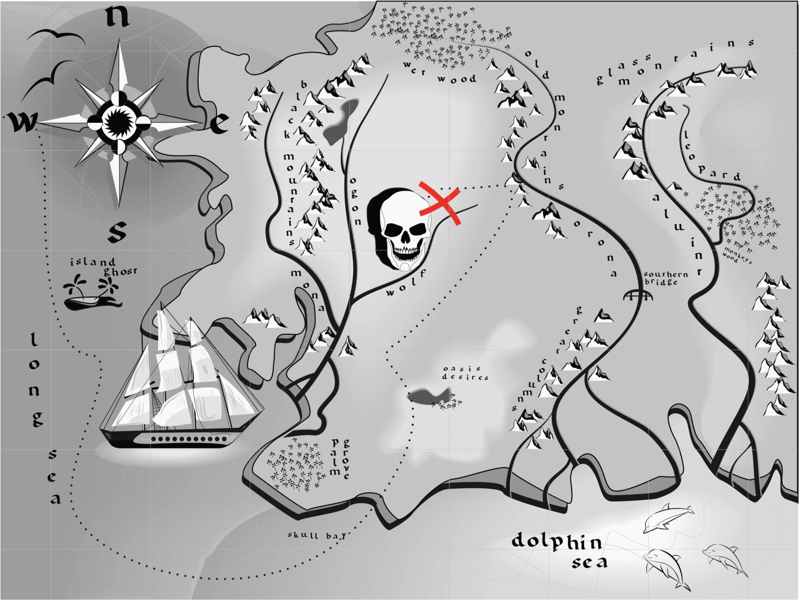 fantasy map treasures with a skull in a vector