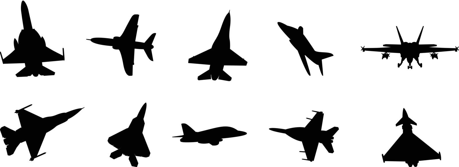 set of military jet silhouette illustrations on white