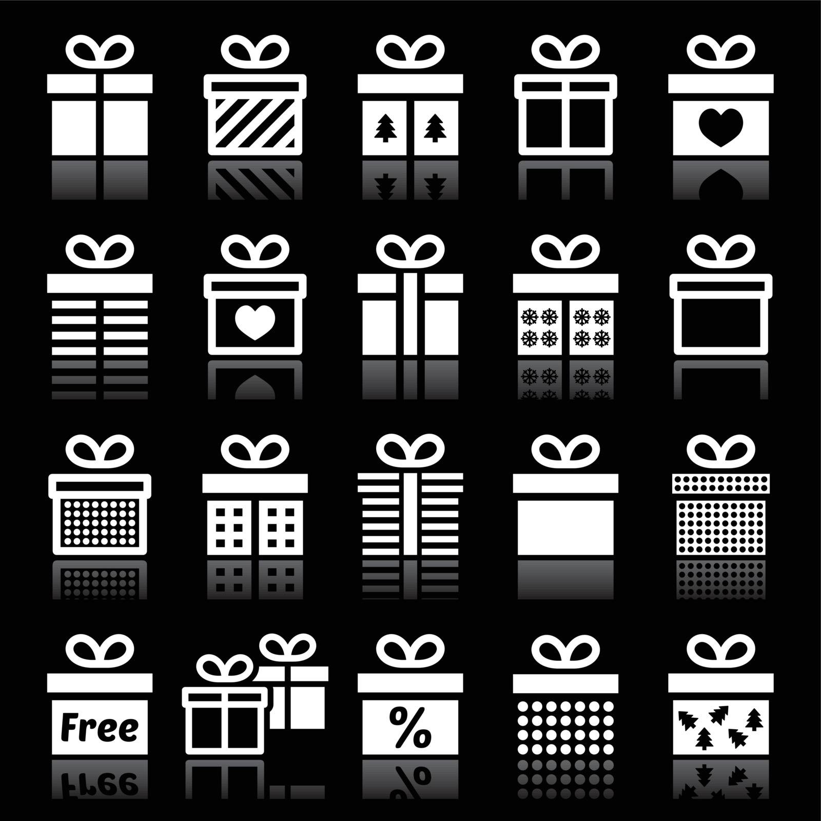 Monochrome icons set of presents isolated on black background