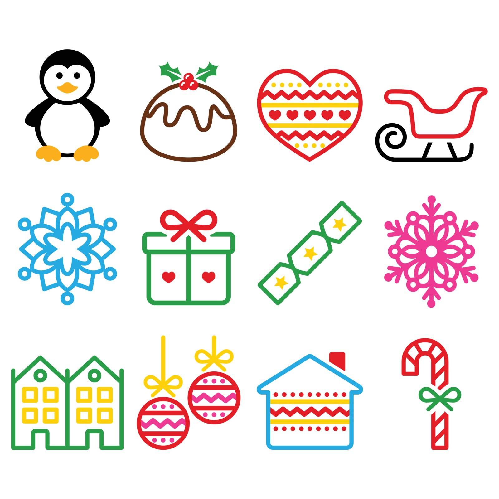 Vector colorful icons set for celebrating Xmas isolated on white