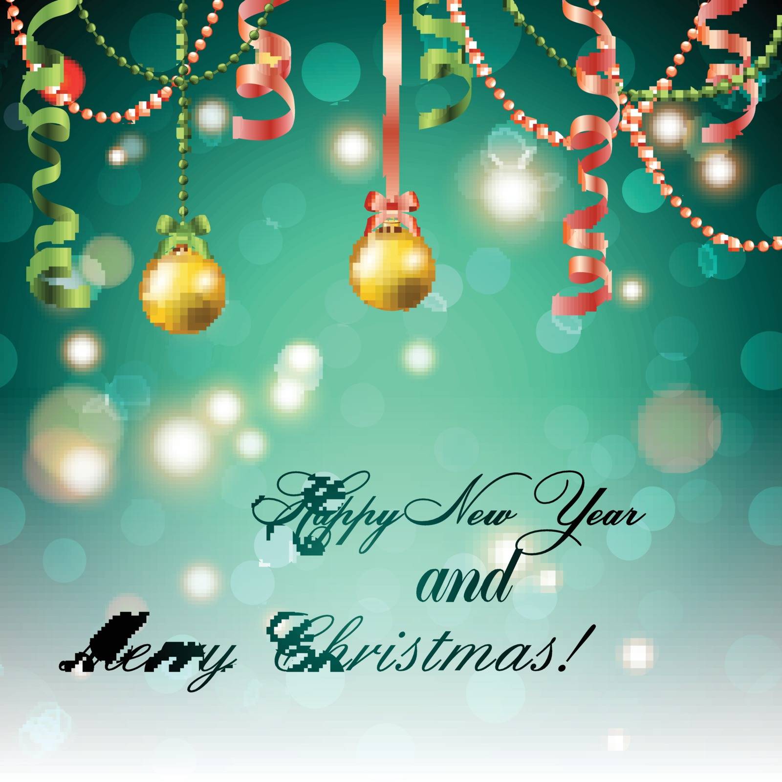 New Year greeting card. Christmas Ball with bow and ribbon. Xmas Decorations. Sparkles and bokeh. Shiny and glowing