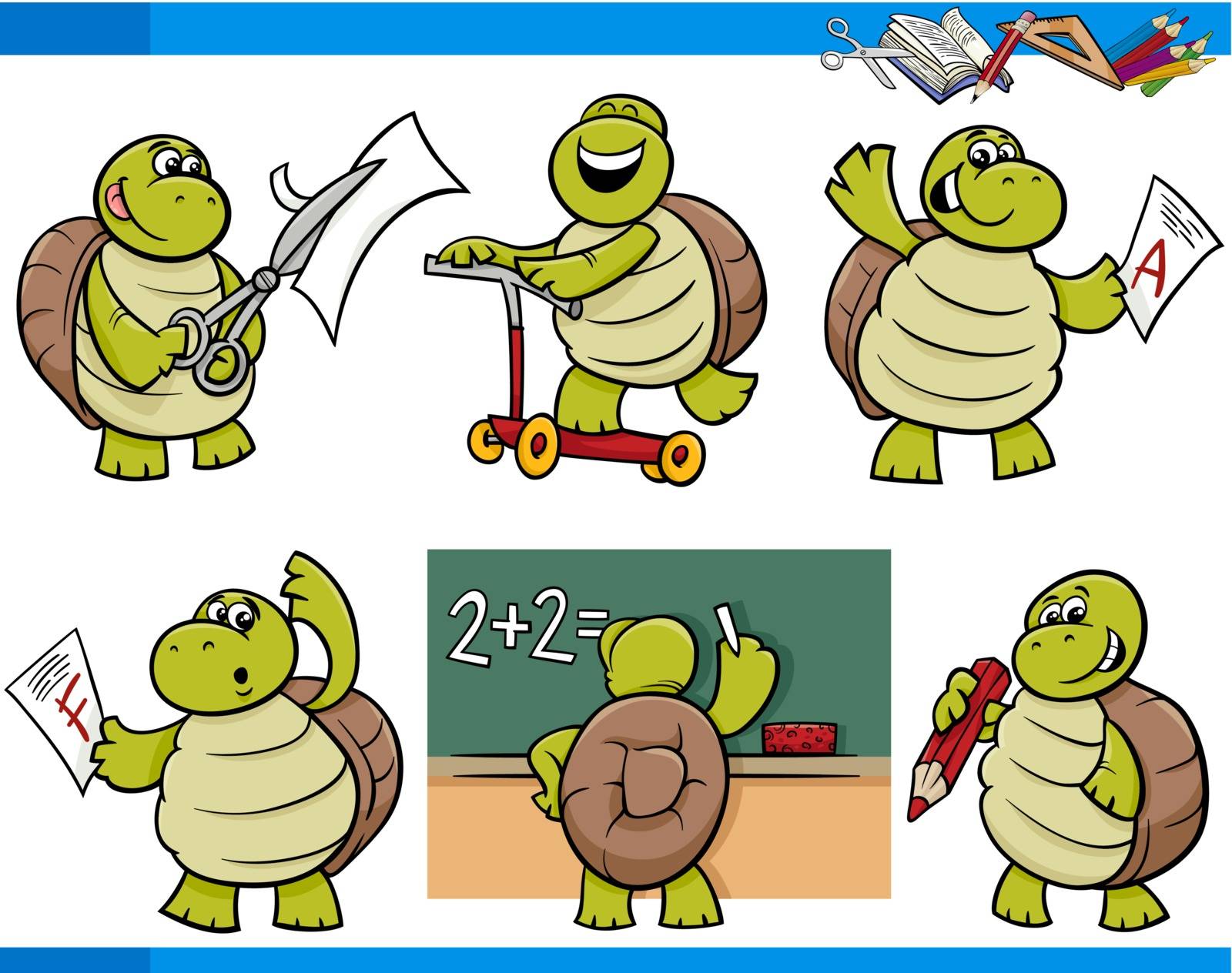 Cartoon Illustration of Turtle Animal Character School Student Set