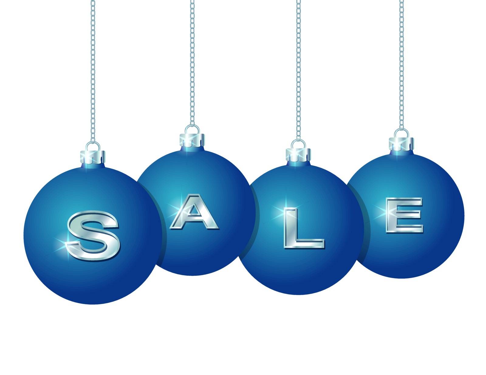 Blue Christmas balls Hanging on silver chains with silver word Sale written on them.