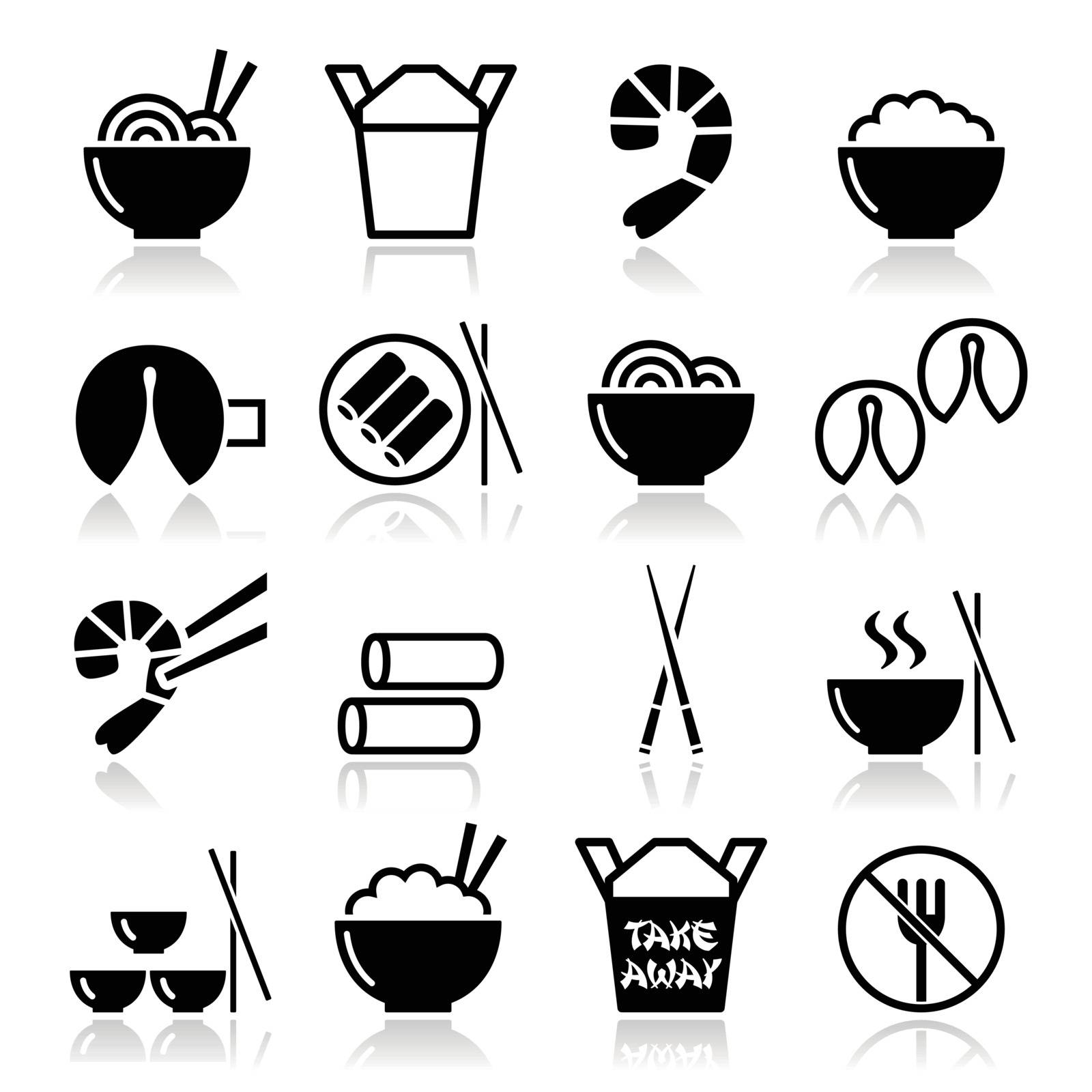 Chinese take away food icons - pasta, rice, spring rolls, fortune cookies by RedKoala
