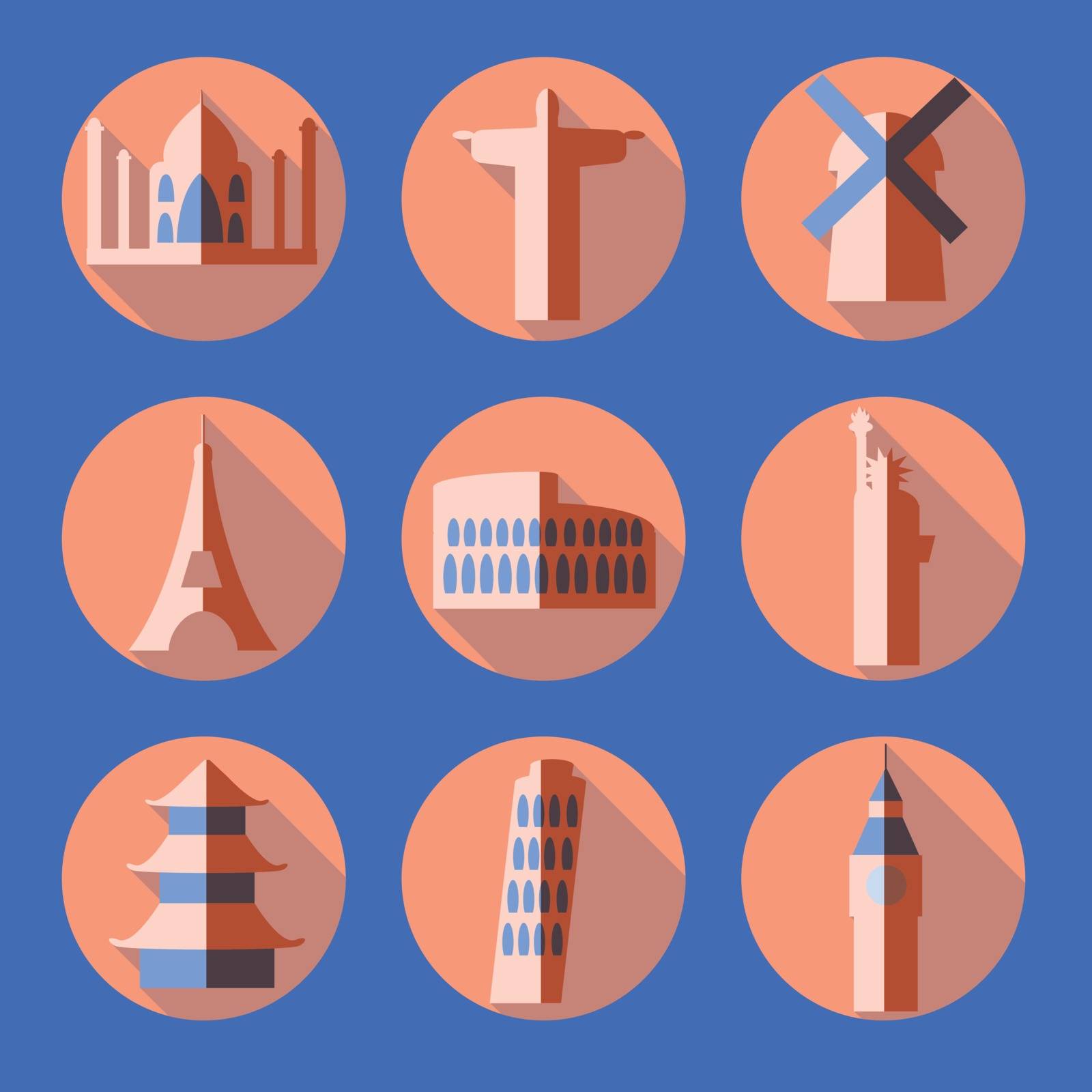 Flat architecture icons, vector with flat shadow