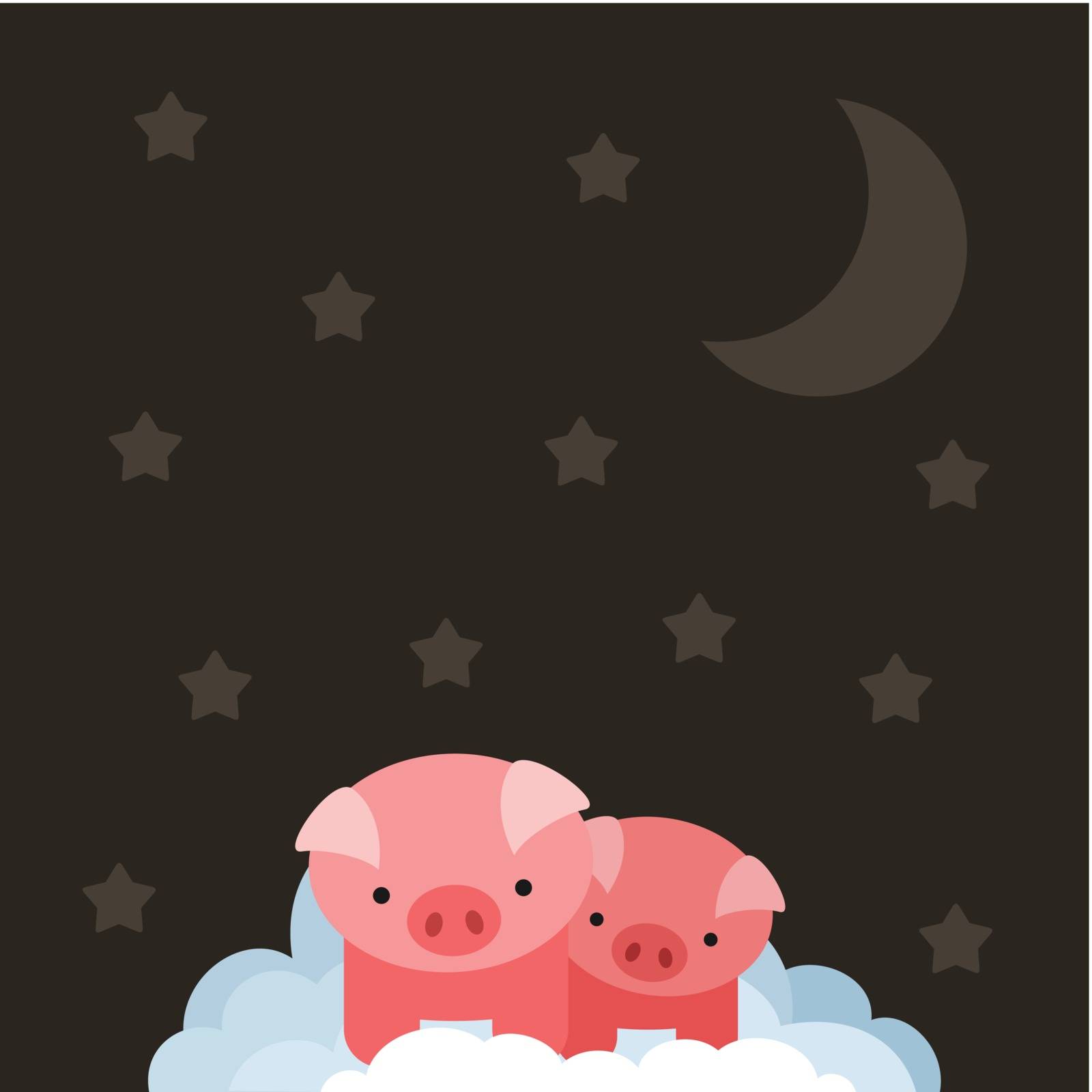 Two pigs in the sky. A vector illustration