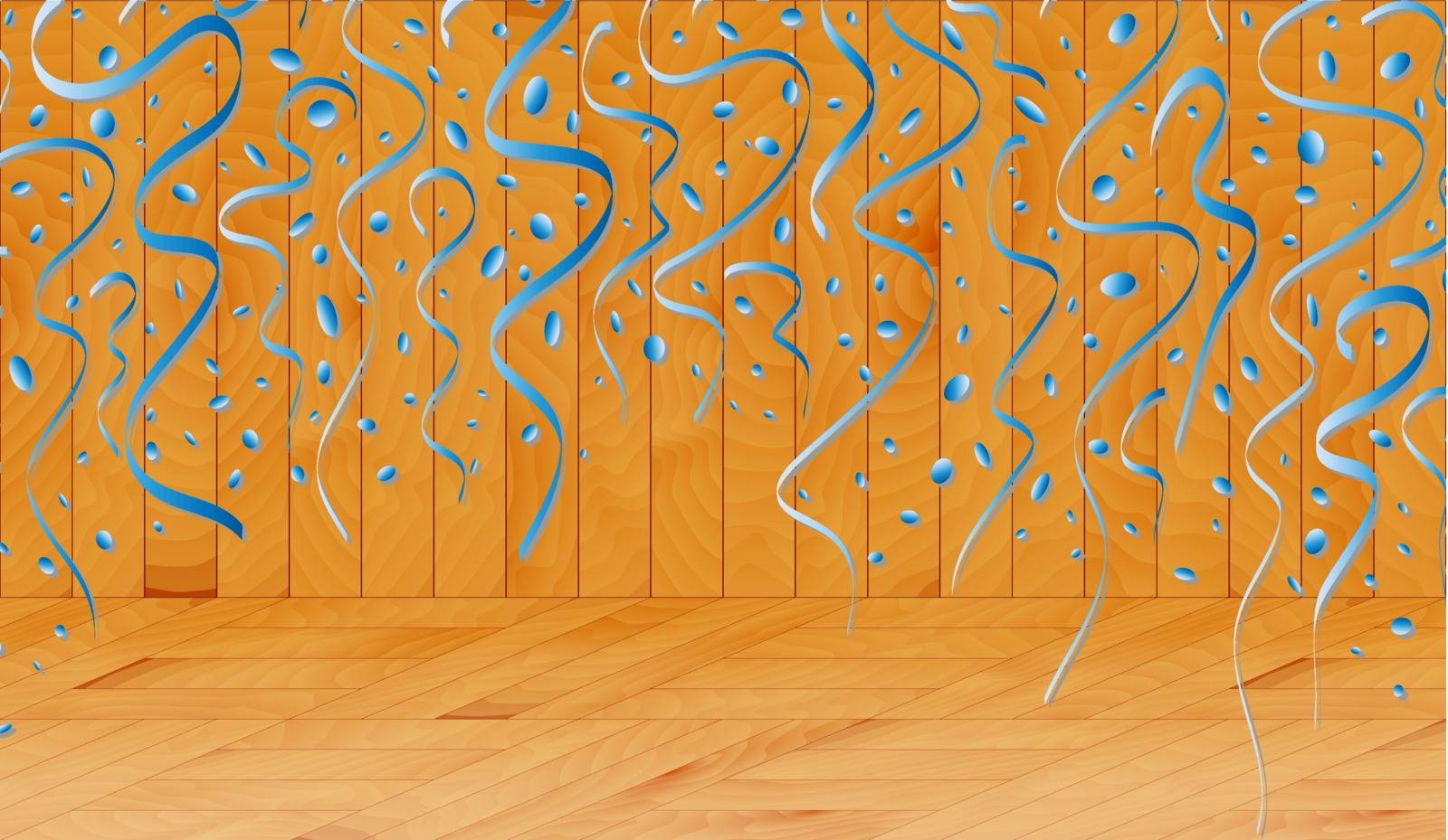 falling oval confetti with blue color in wooden room
