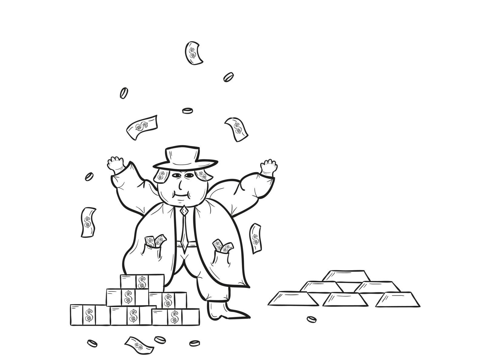 rich man with money and gold bricks and throwing money on white background