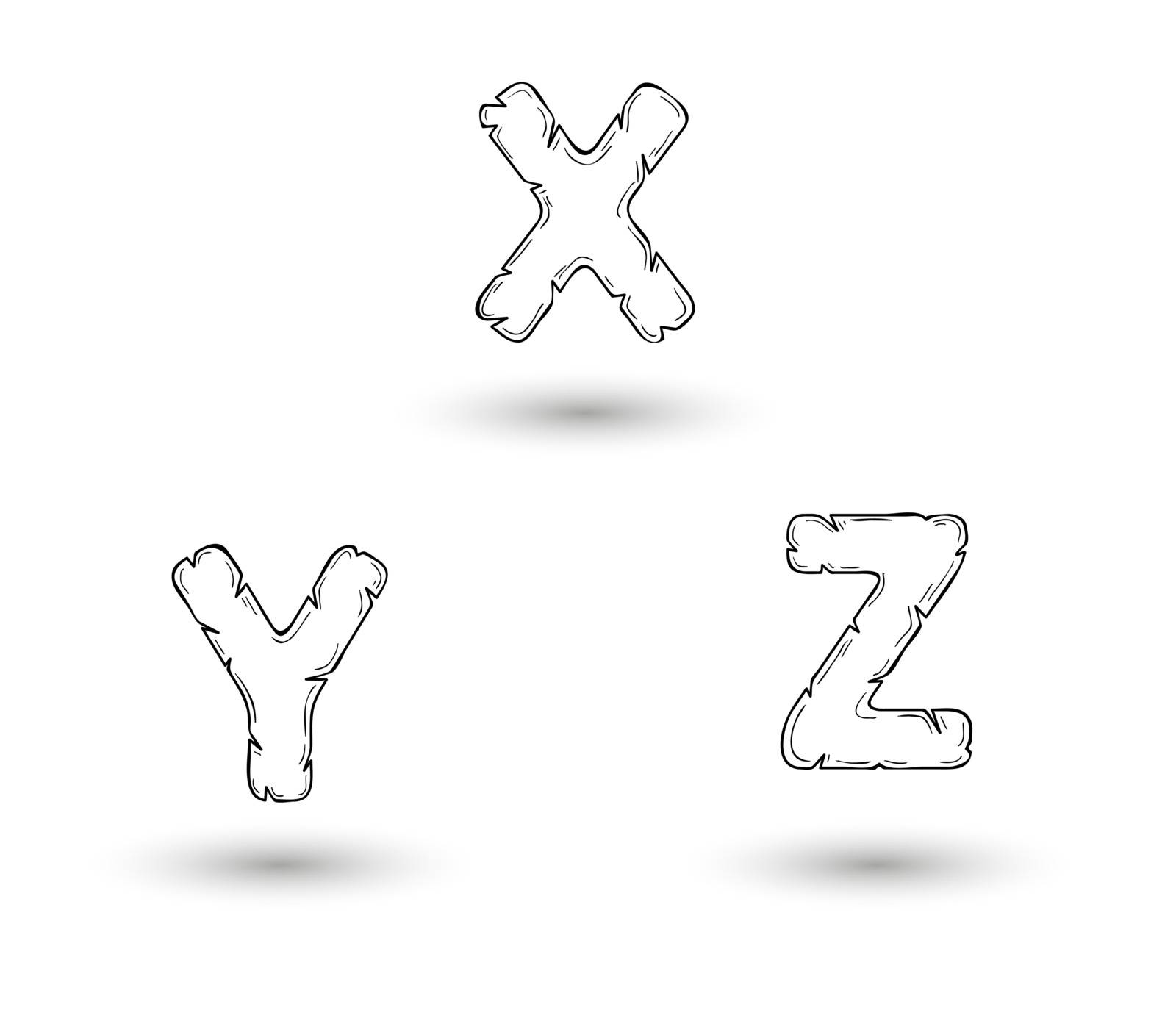 sketch jagged alphabet letters with shadow on white background, X, Y, Z
