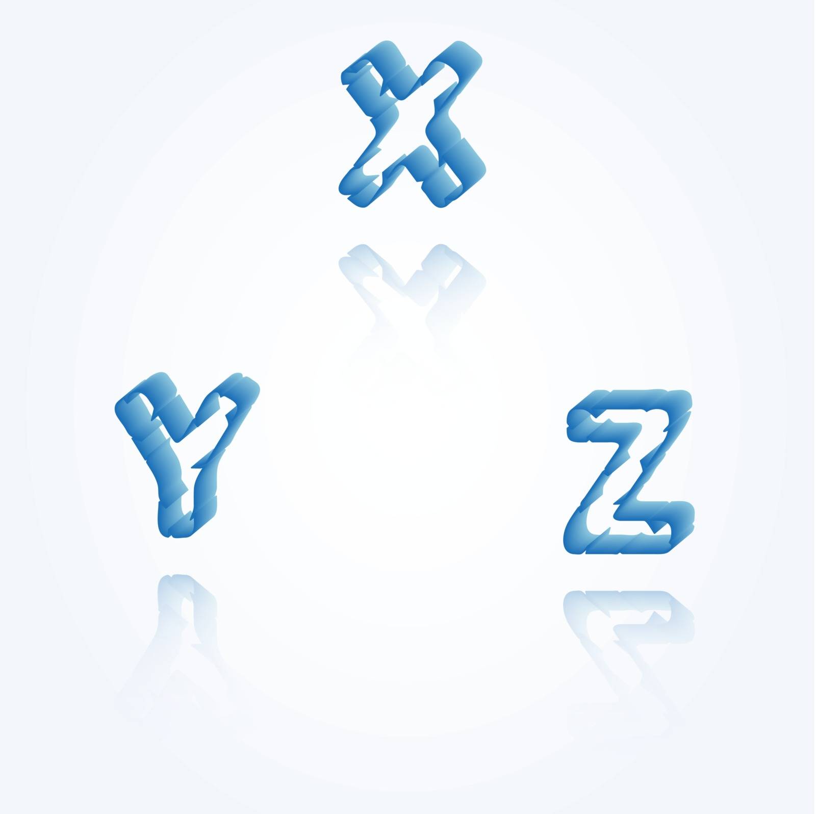 sketch jagged alphabet letters with 3d effect and shadow on white background, X, Y, Z