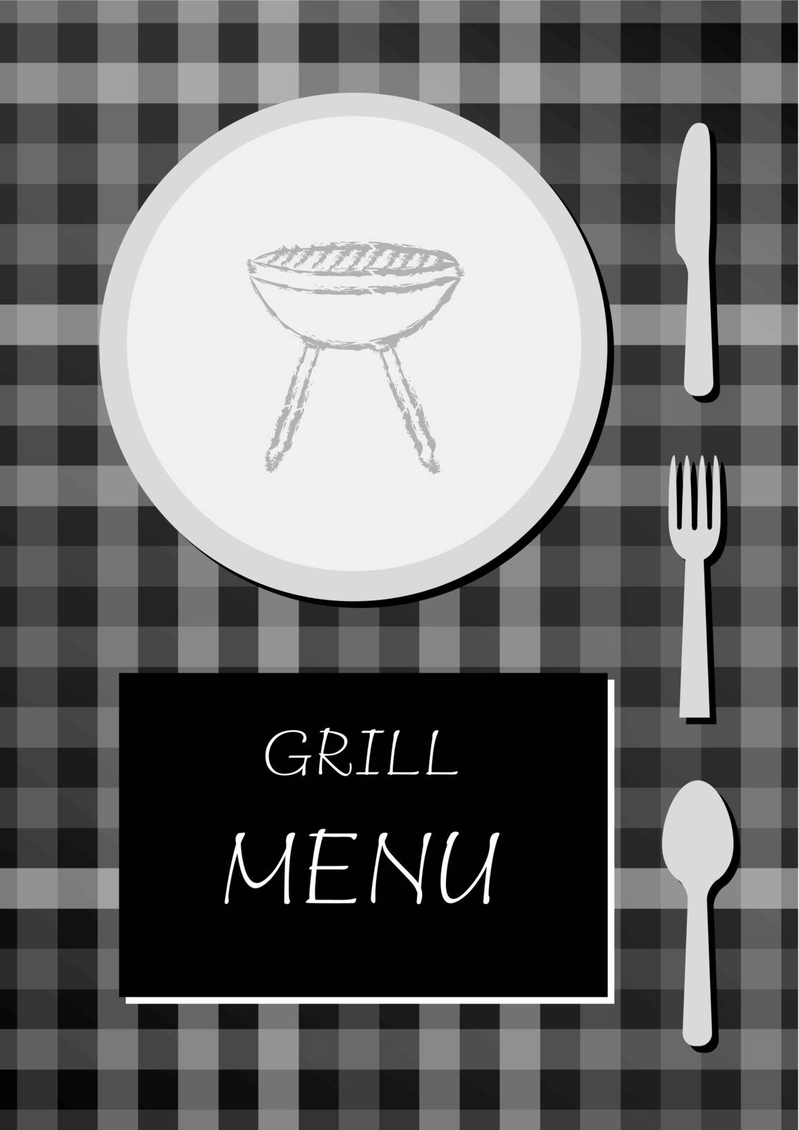grill menu with black and white colors, squared cloth with plate, food, knife, fork and spoon