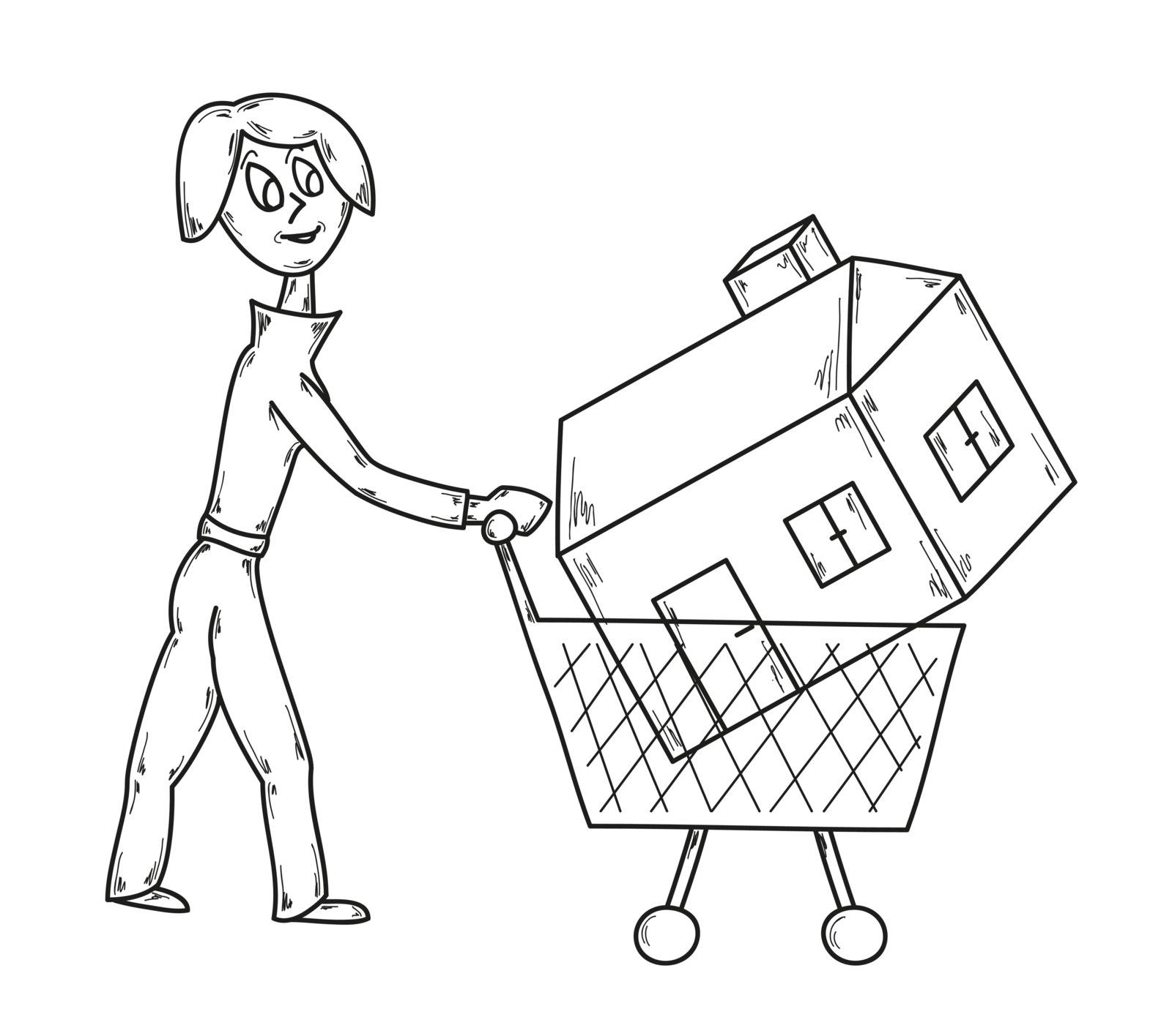 vector, sketch, woman with shopping cart and house