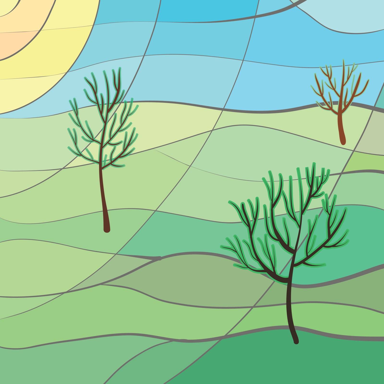 Spring landscape in stained glass window style