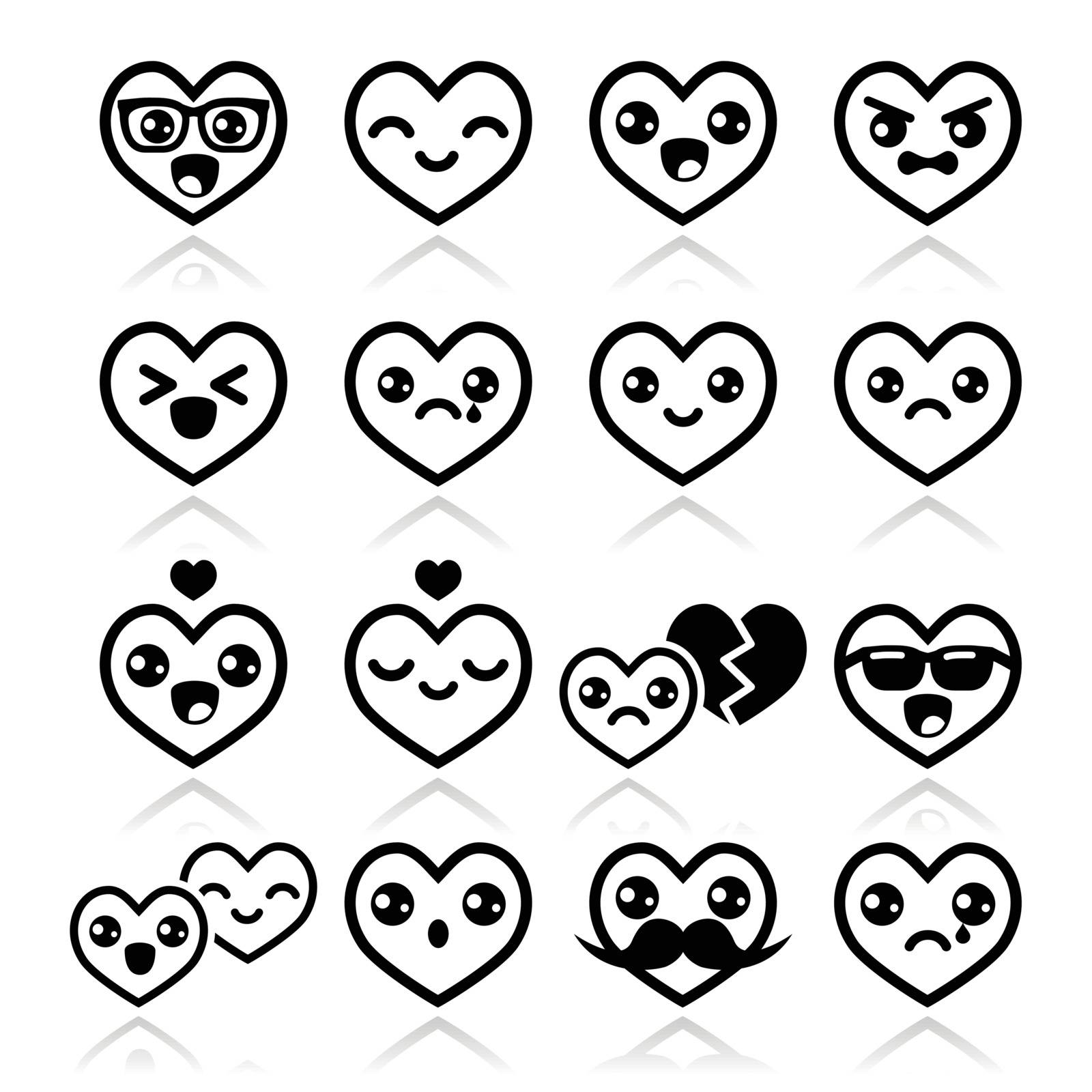 Kawaii hearts, Valentine's Day cute vector icons set by RedKoala