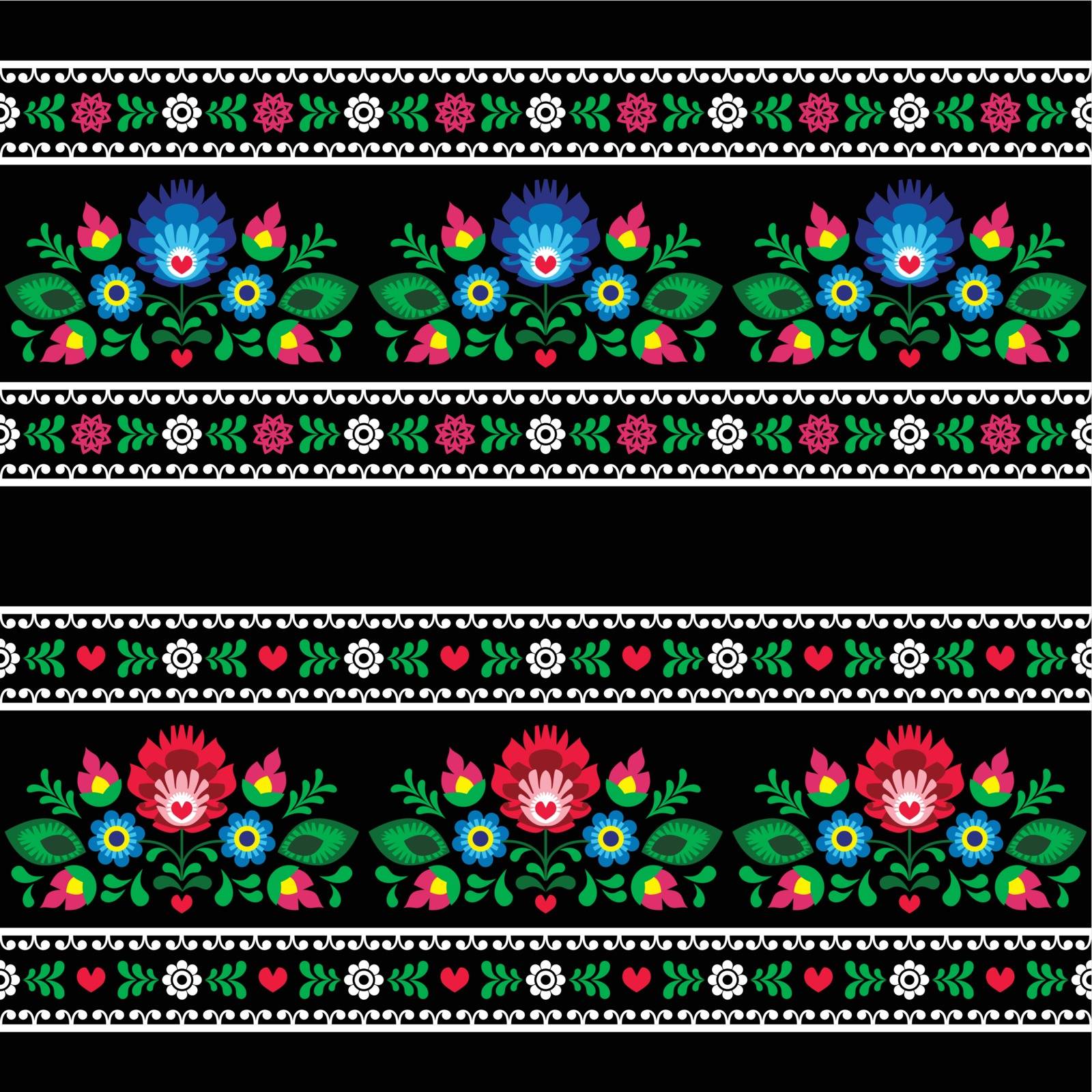 Seamless Polish folk art pattern with flowers - wzory lowickie on black by RedKoala