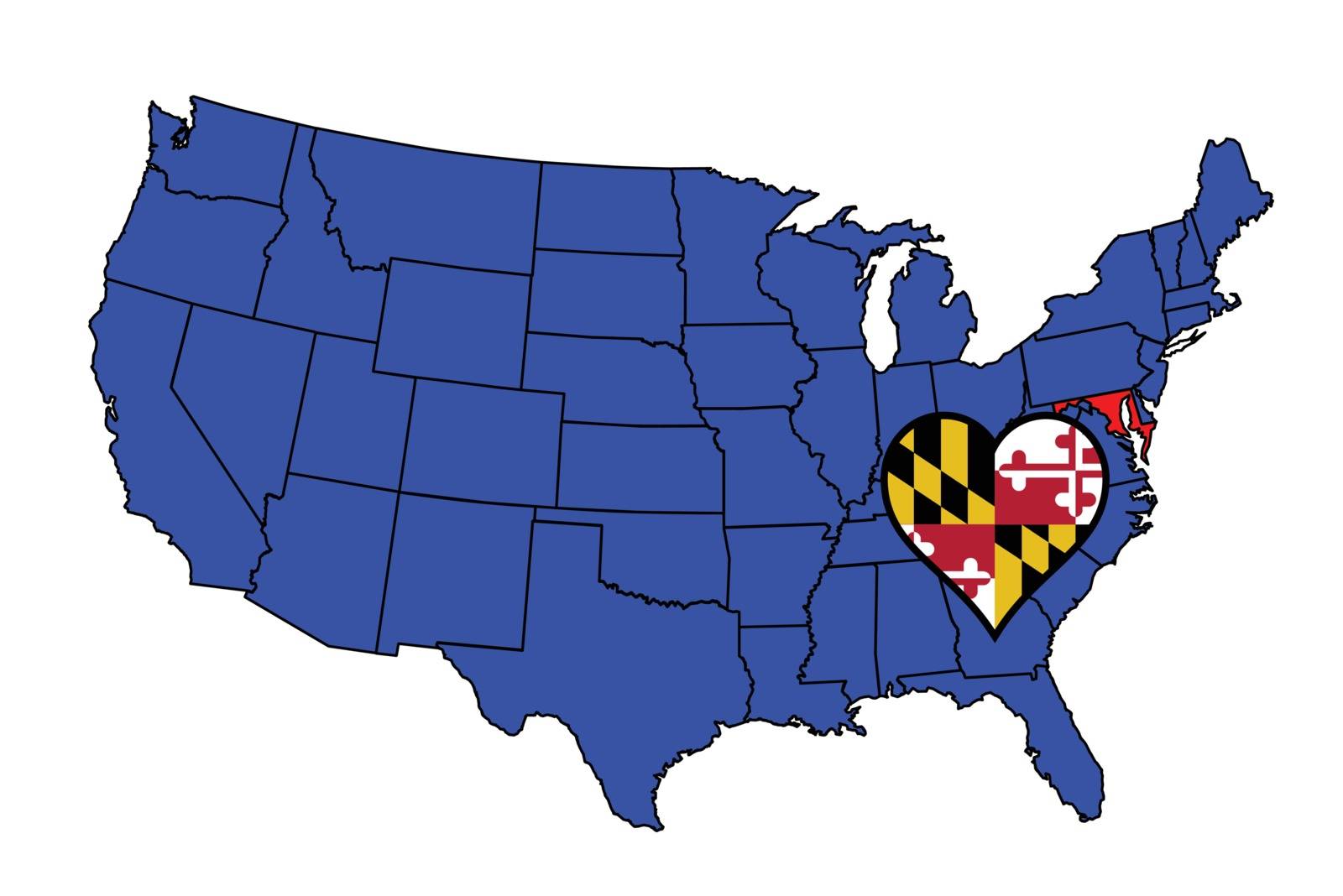 Maryland state outline and icon inset set into a map of The United States of America